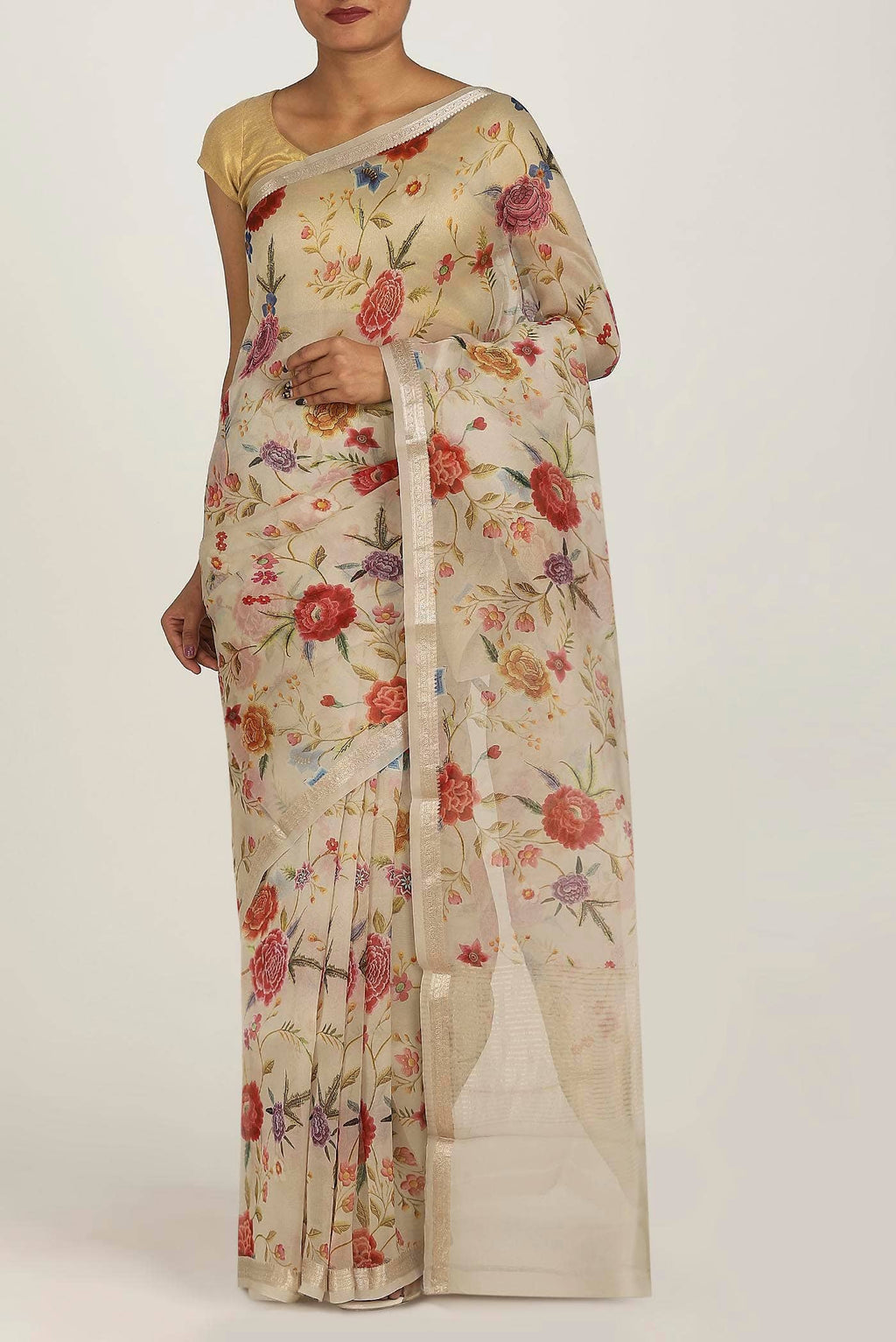Cream Pure Organza Silk Saree