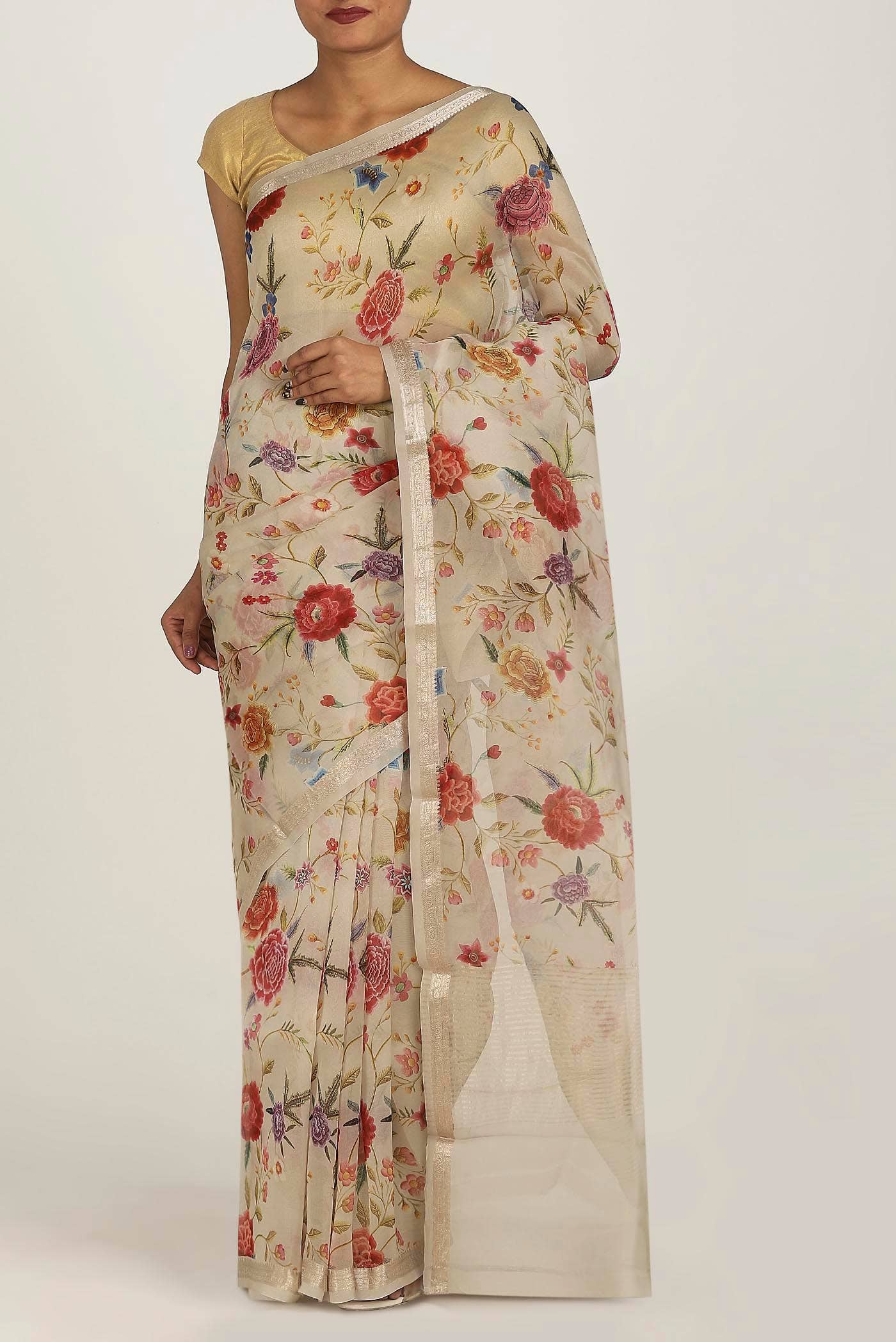 Cream Pure Organza Silk Saree