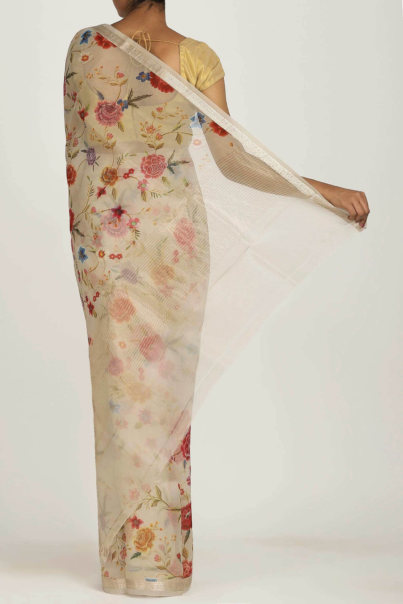 Cream Pure Organza Silk Saree