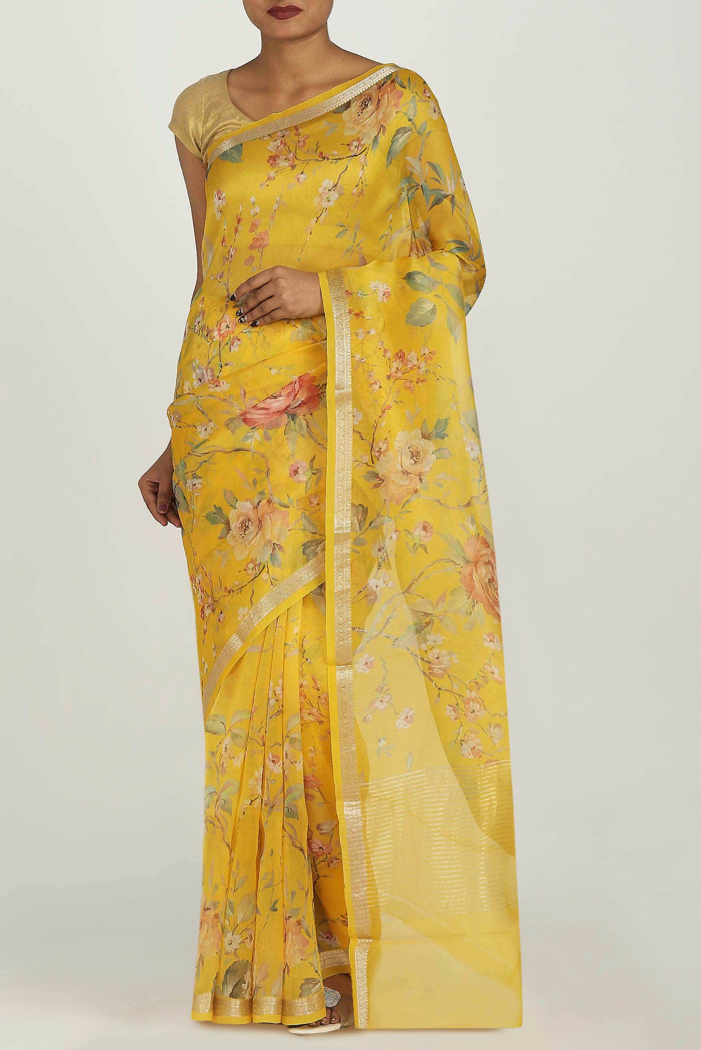 Yellow Pure Organza Silk Saree
