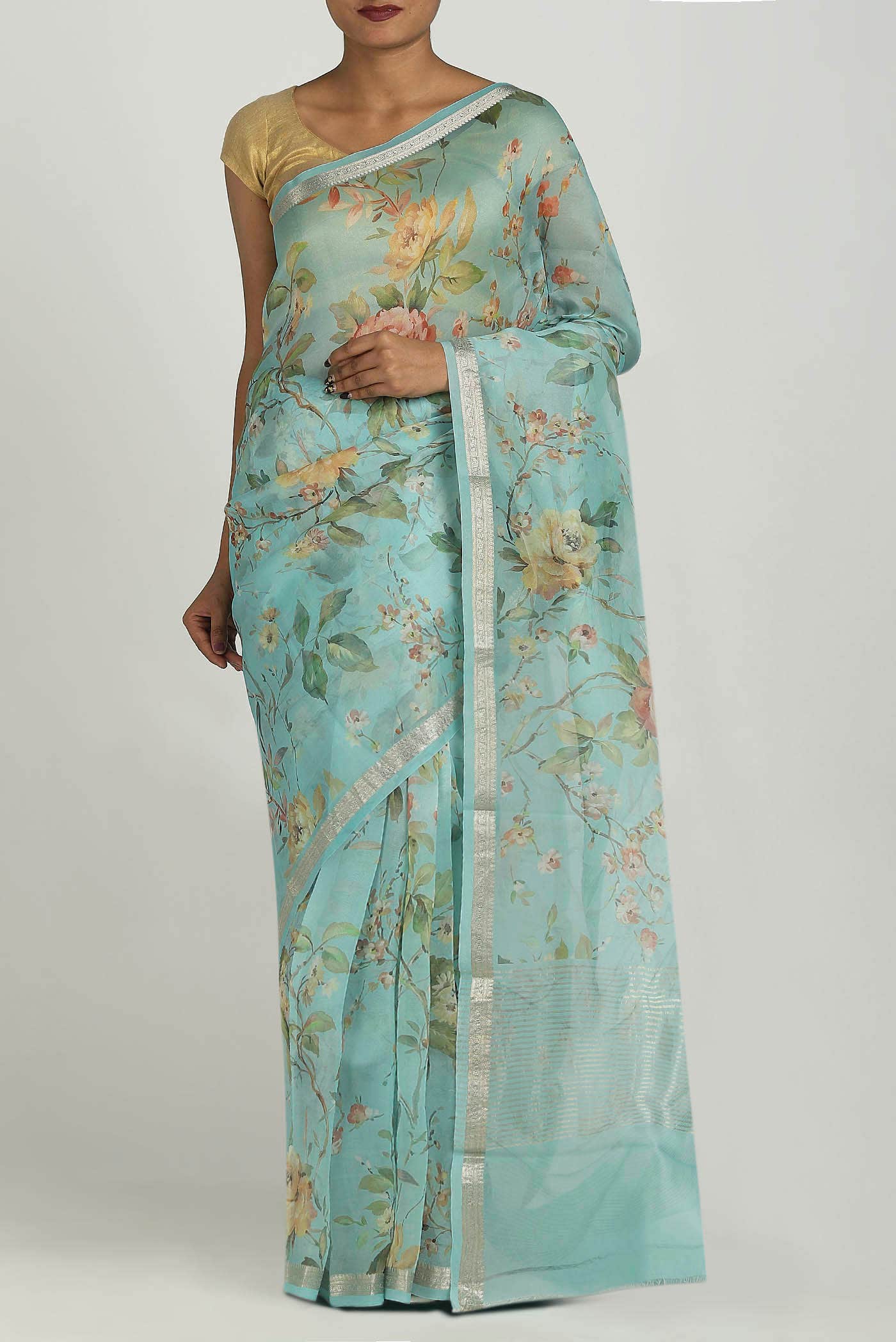 Sea Green Pure Organza Silk Saree