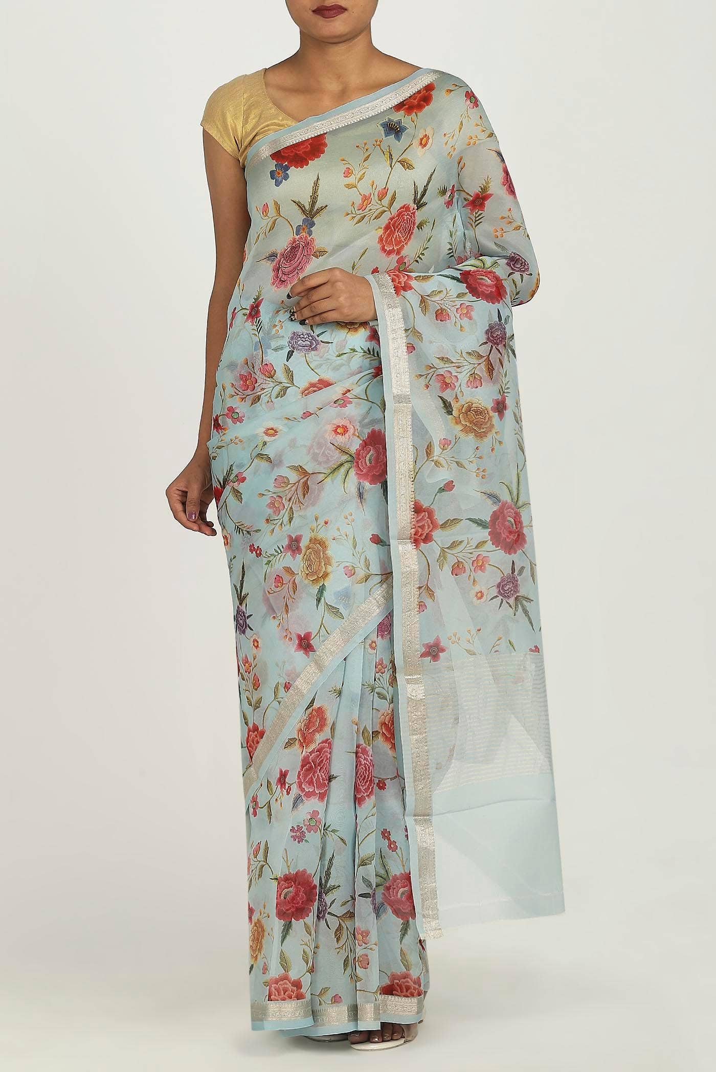 Light Blue Pure Organza Silk Saree