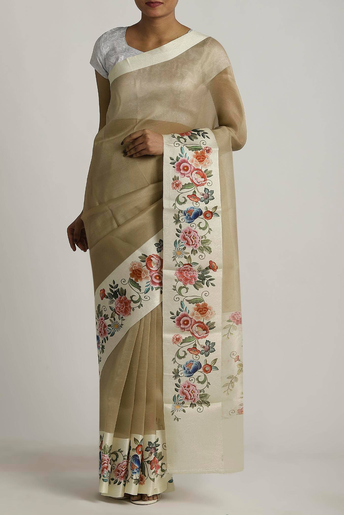 Dark Beige Organza Silk Saree