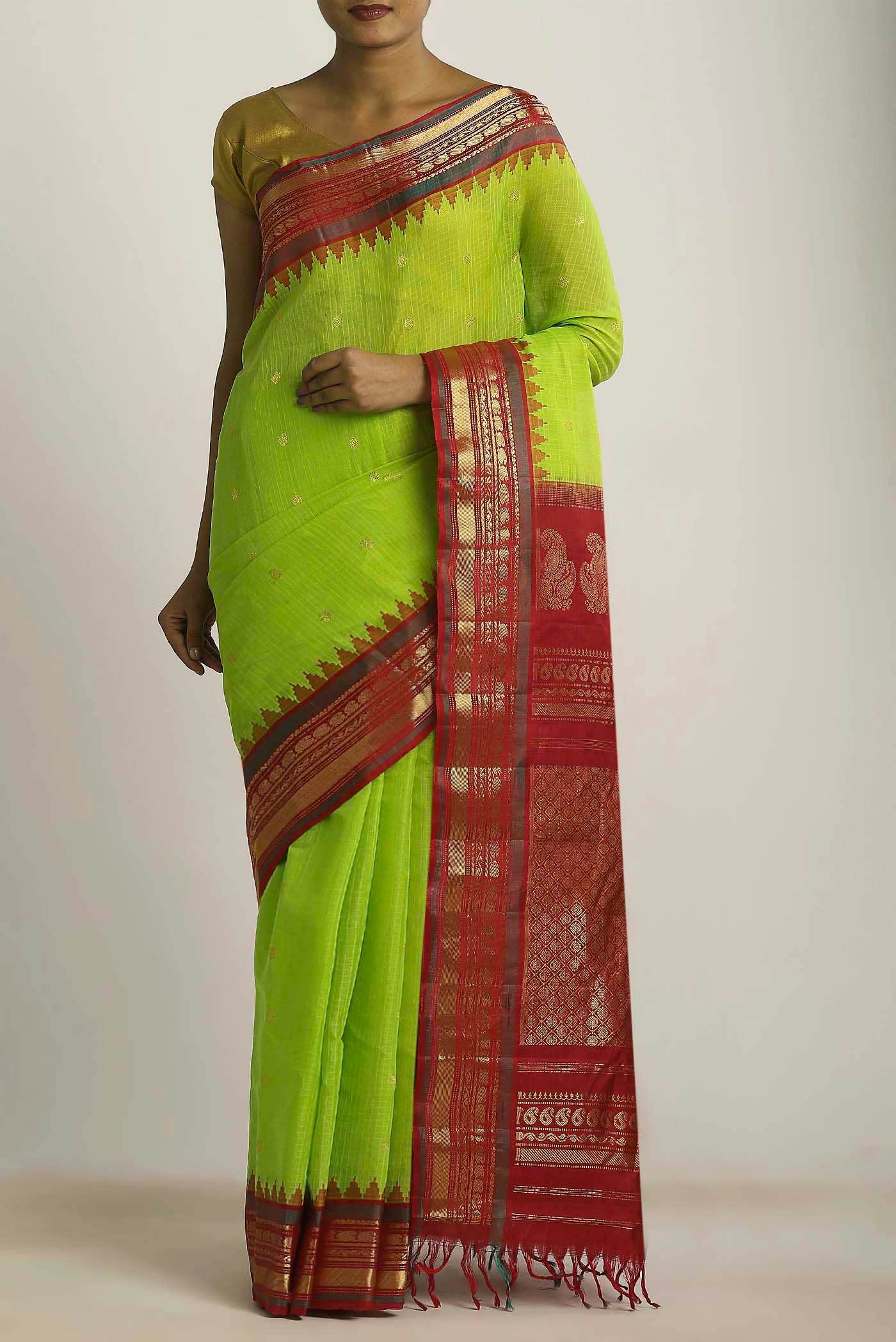 Parrot Green Gadwal Silk Cotton Saree