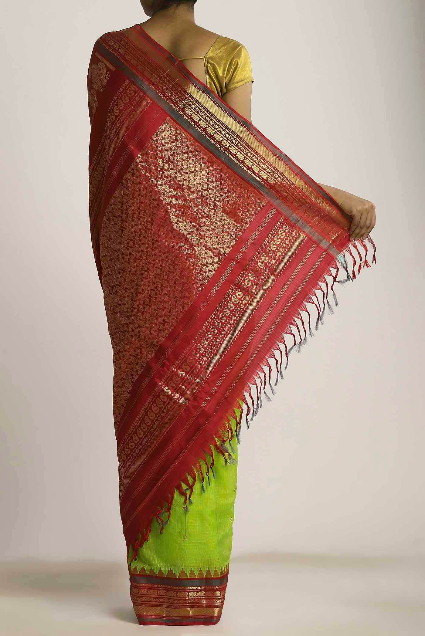 Parrot Green Gadwal Silk Cotton Saree