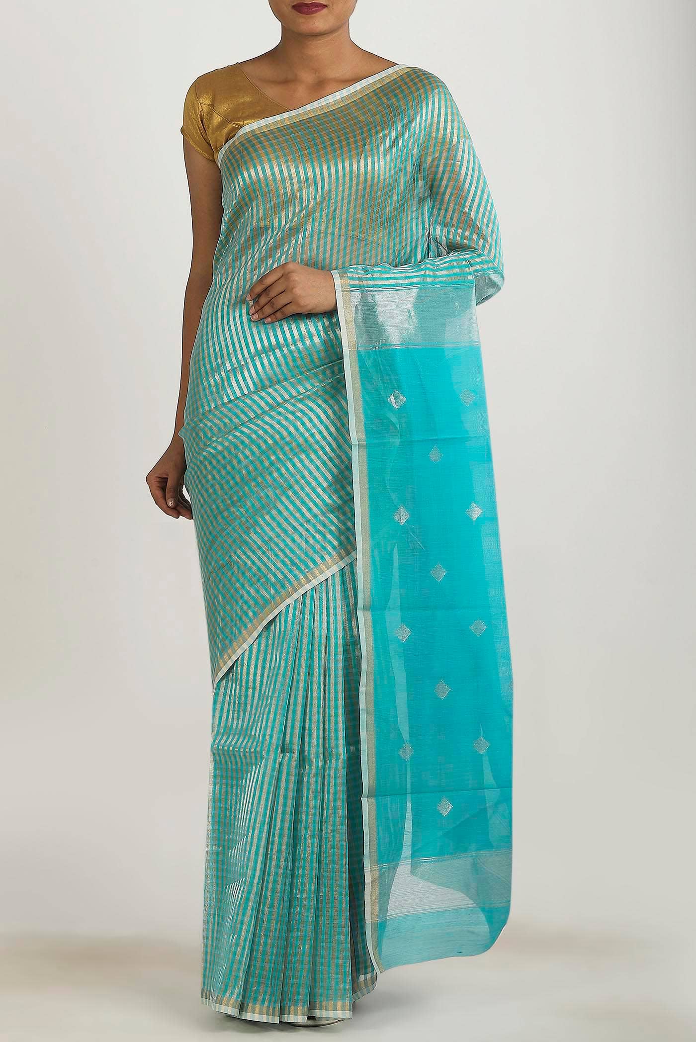 Turquoise Tussar Silk Saree