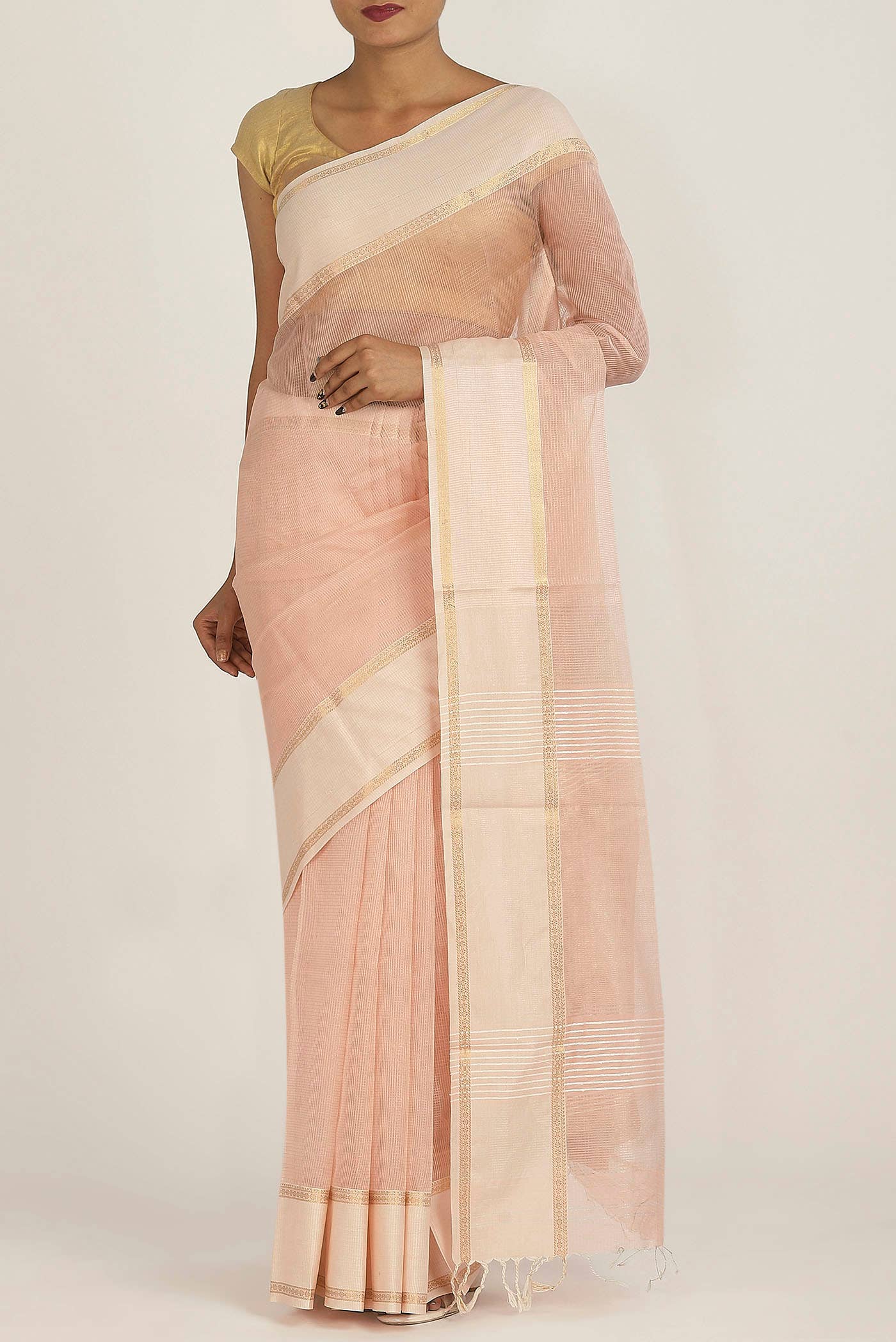 Peach Maheshwari Silk Cotton Saree