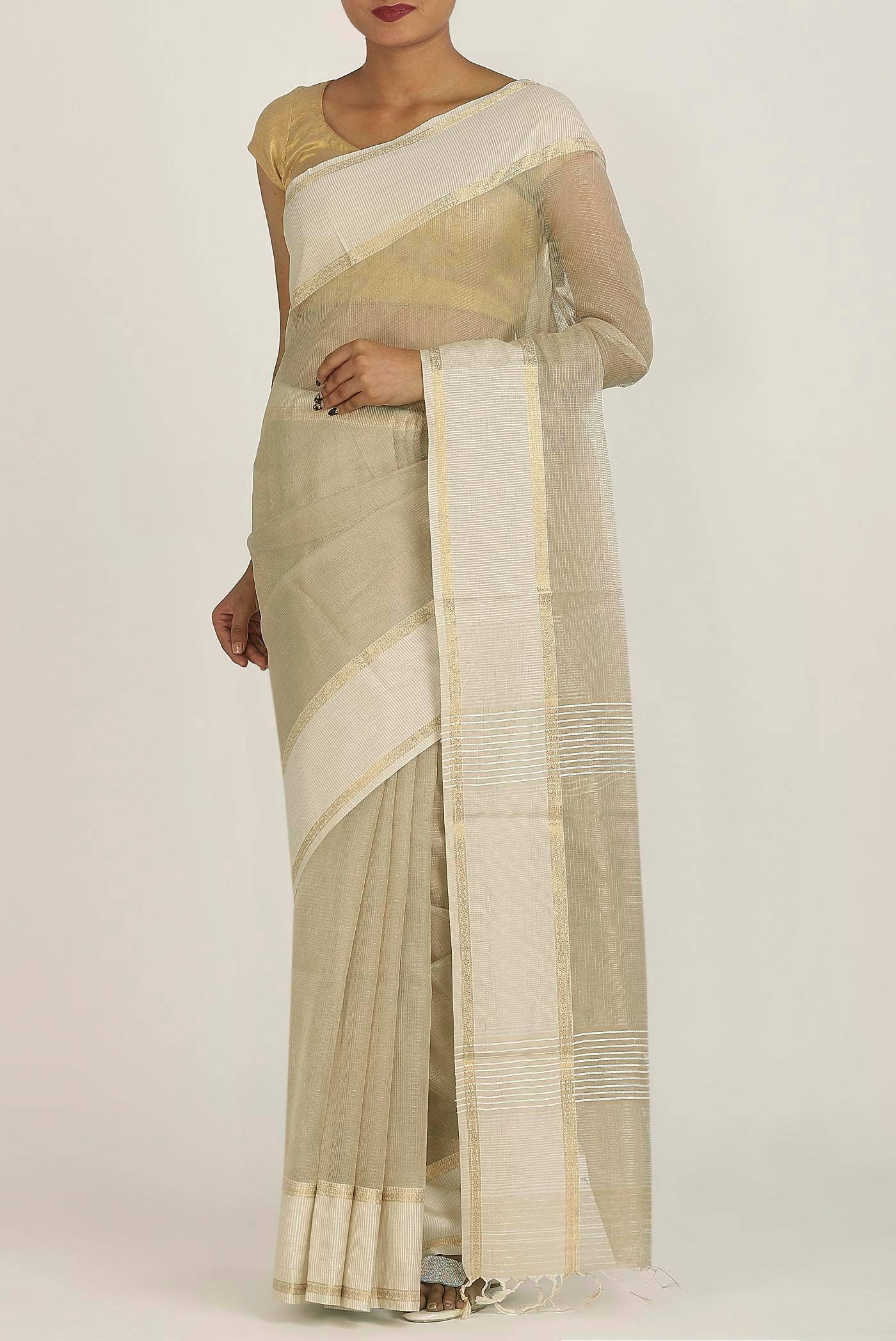 Beige Maheshwari Silk Cotton Saree