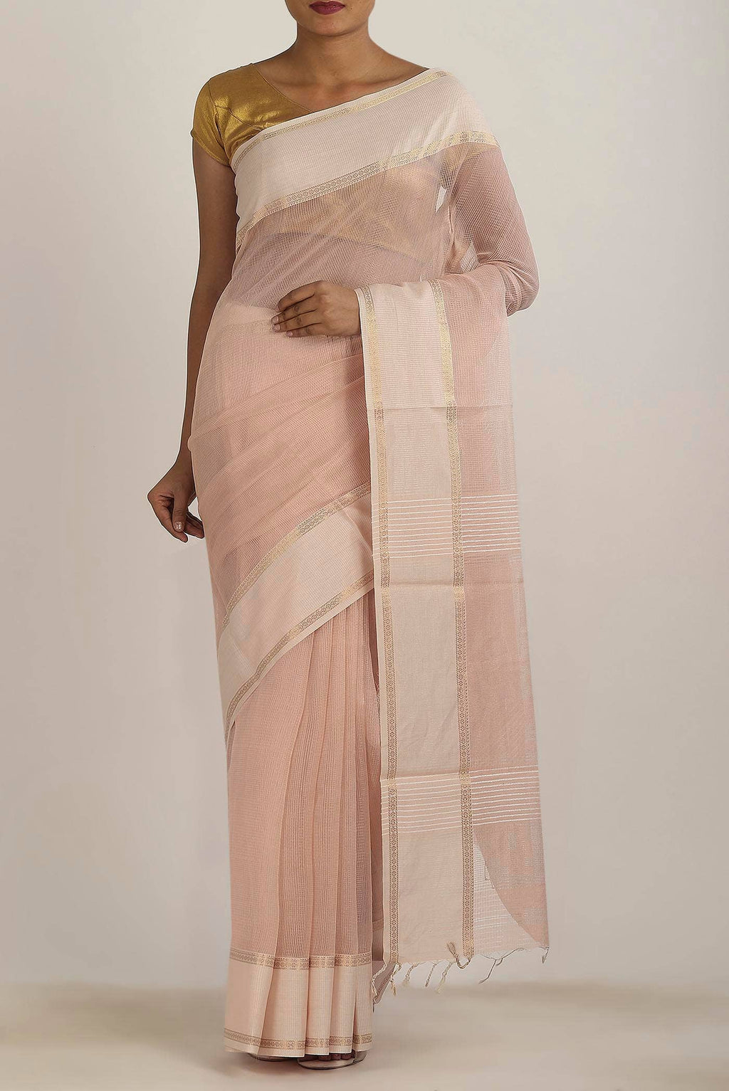 Peach Maheshwari Silk Cotton Saree
