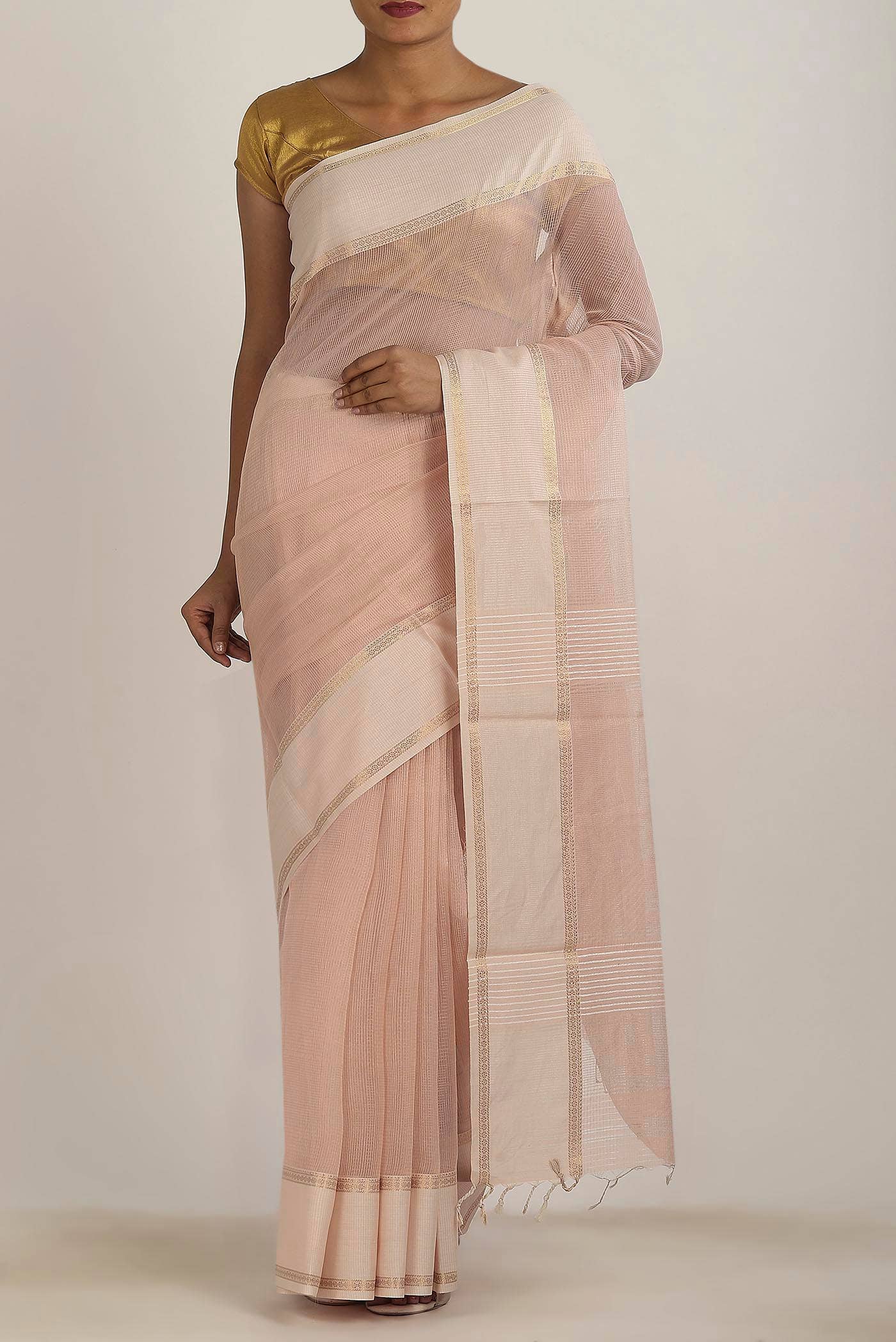 Peach Maheshwari Silk Cotton Saree