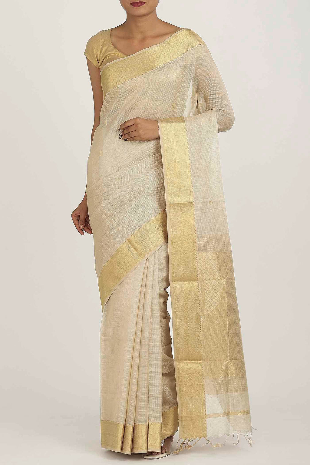 Beige Tussar Silk Saree