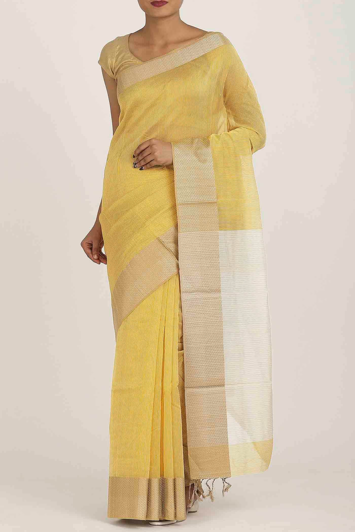 Yellow Maheshwari Silk Cotton Saree