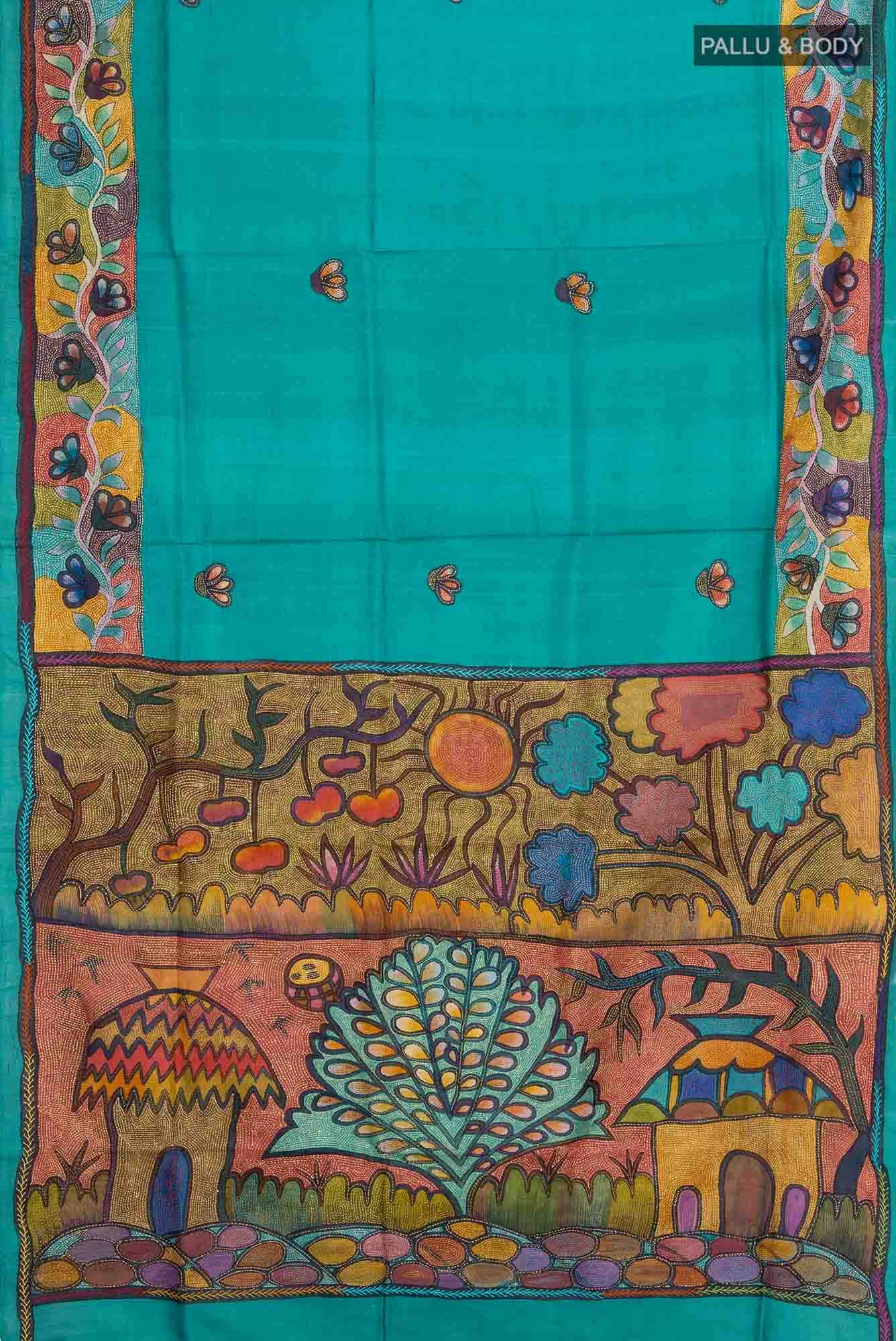 Peacock Blue Tussar Silk Saree