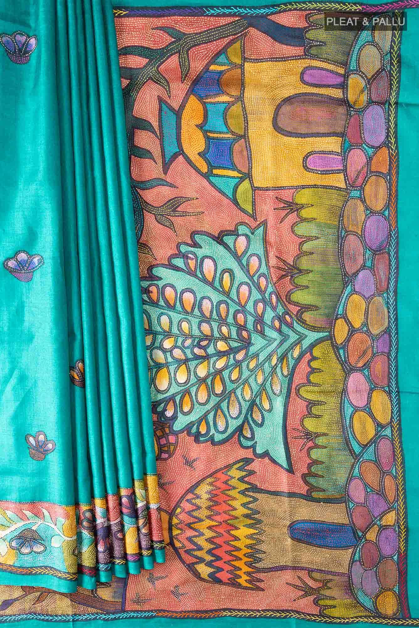 Peacock Blue Tussar Silk Saree