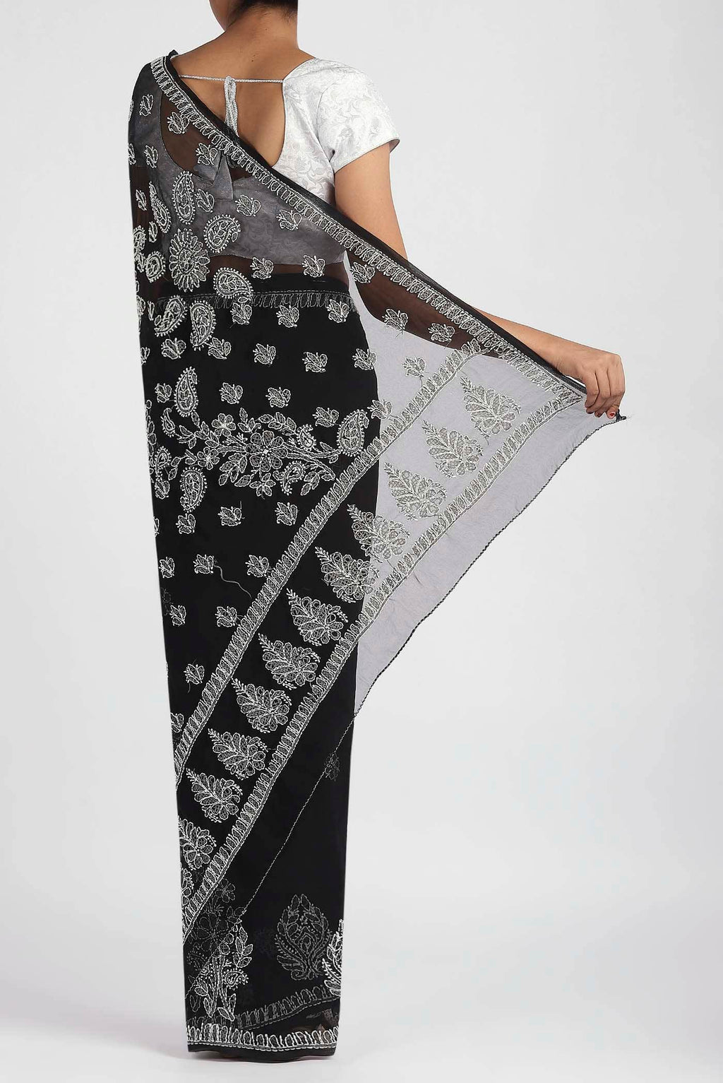 Black Blended Chikankari Georgette Saree