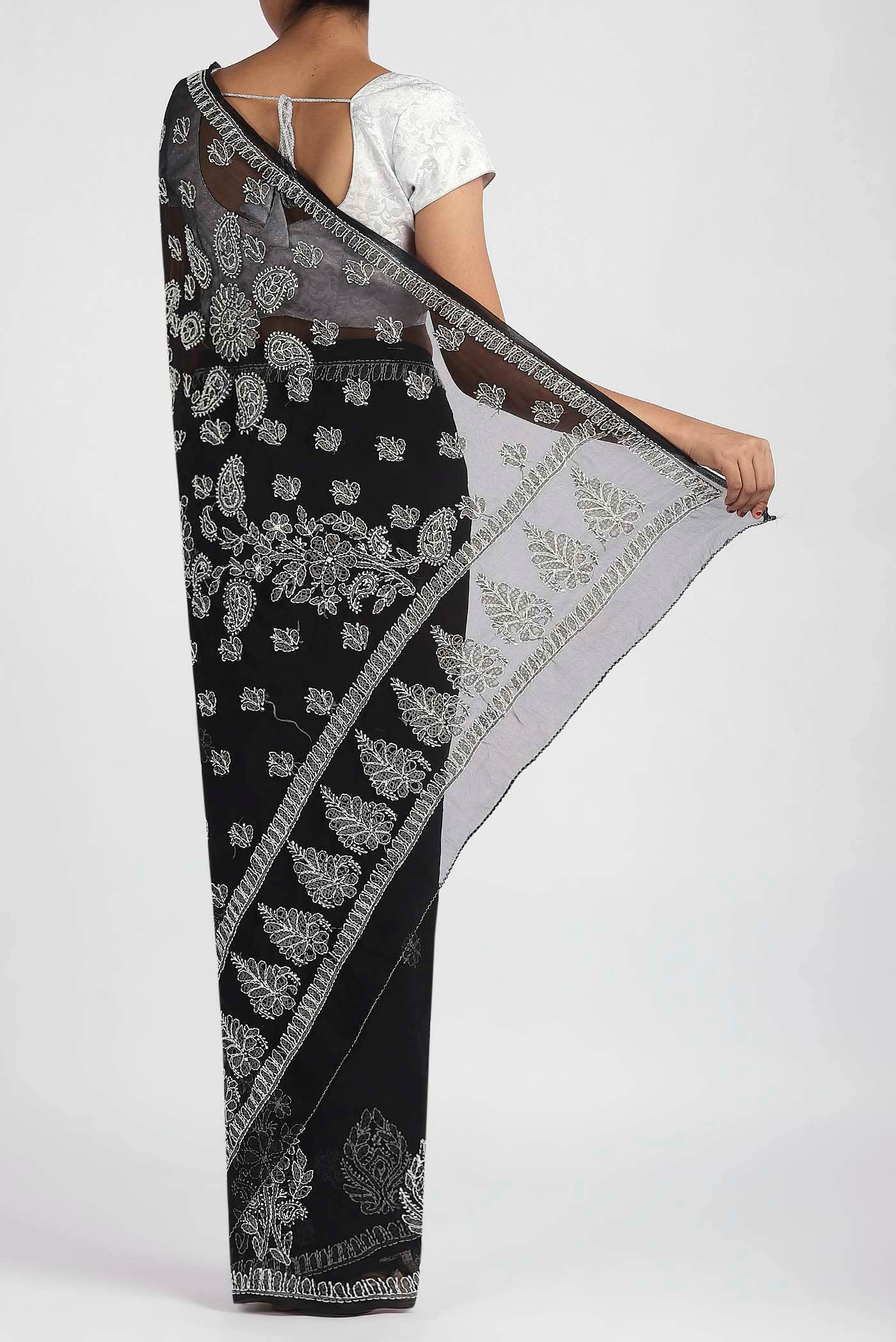 Black Blended Chikankari Georgette Saree