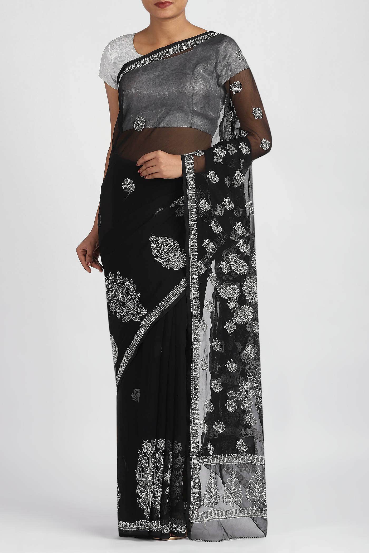 Black Blended Chikankari Georgette Saree