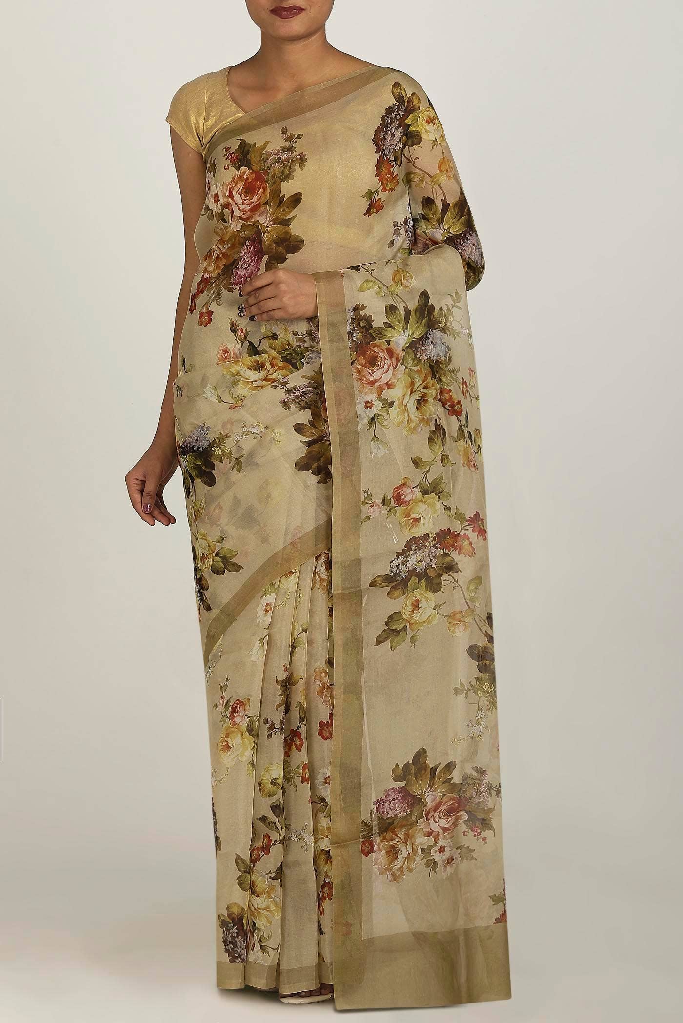 Beige Organza Silk Saree