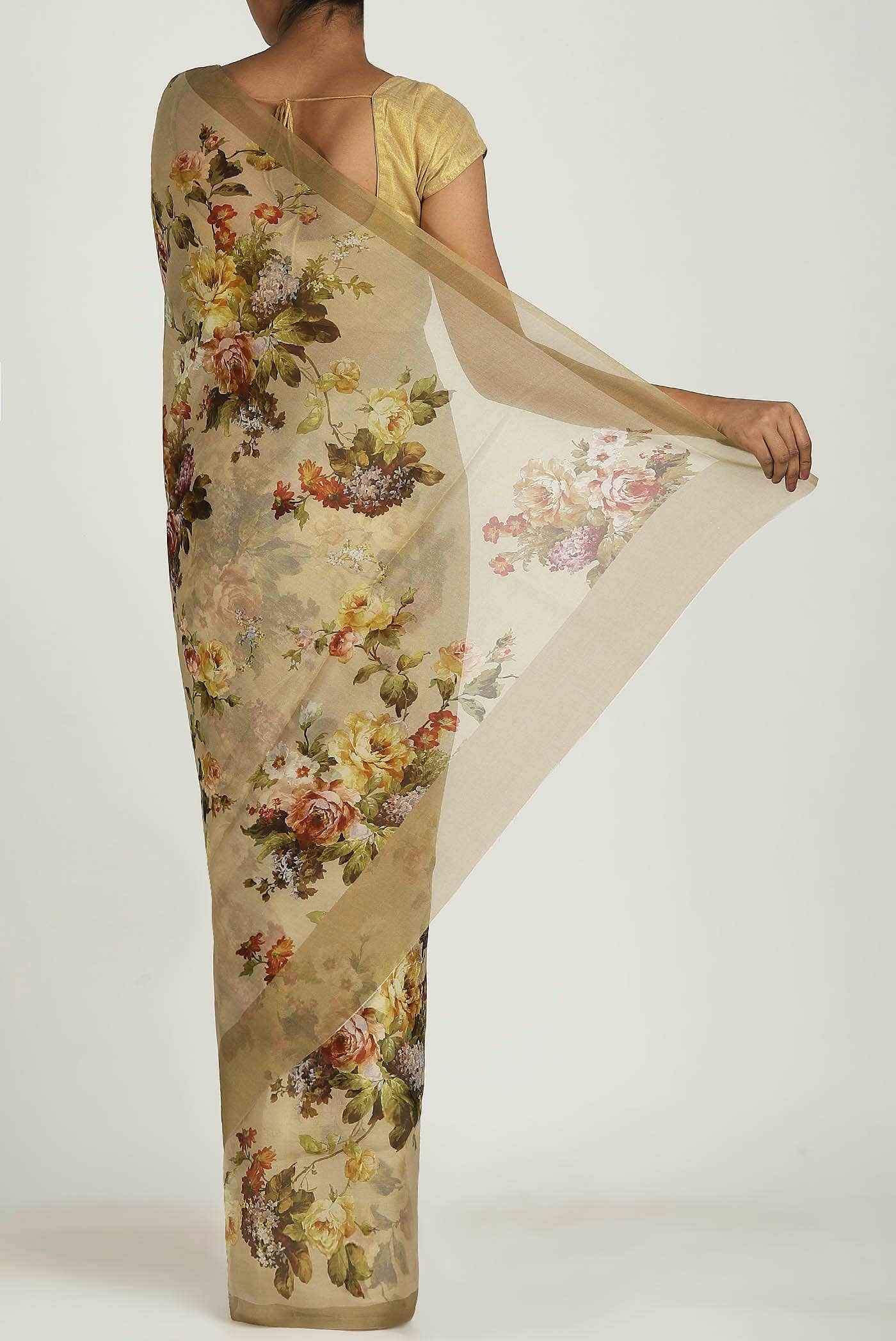 Beige Organza Silk Saree