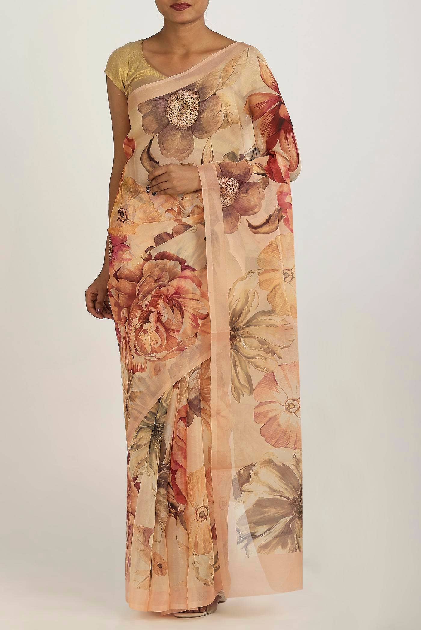 Peach Organza Silk Saree