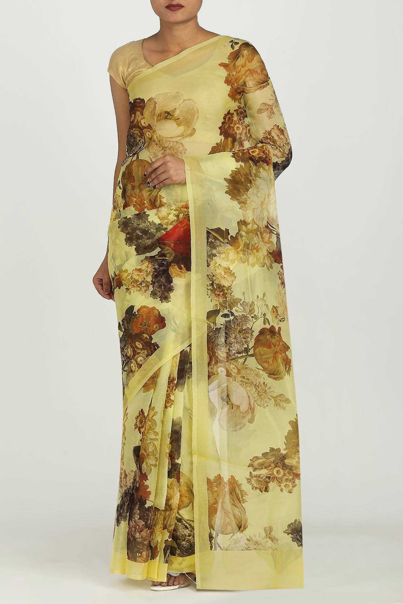 Lemon Yellow Organza Silk Saree