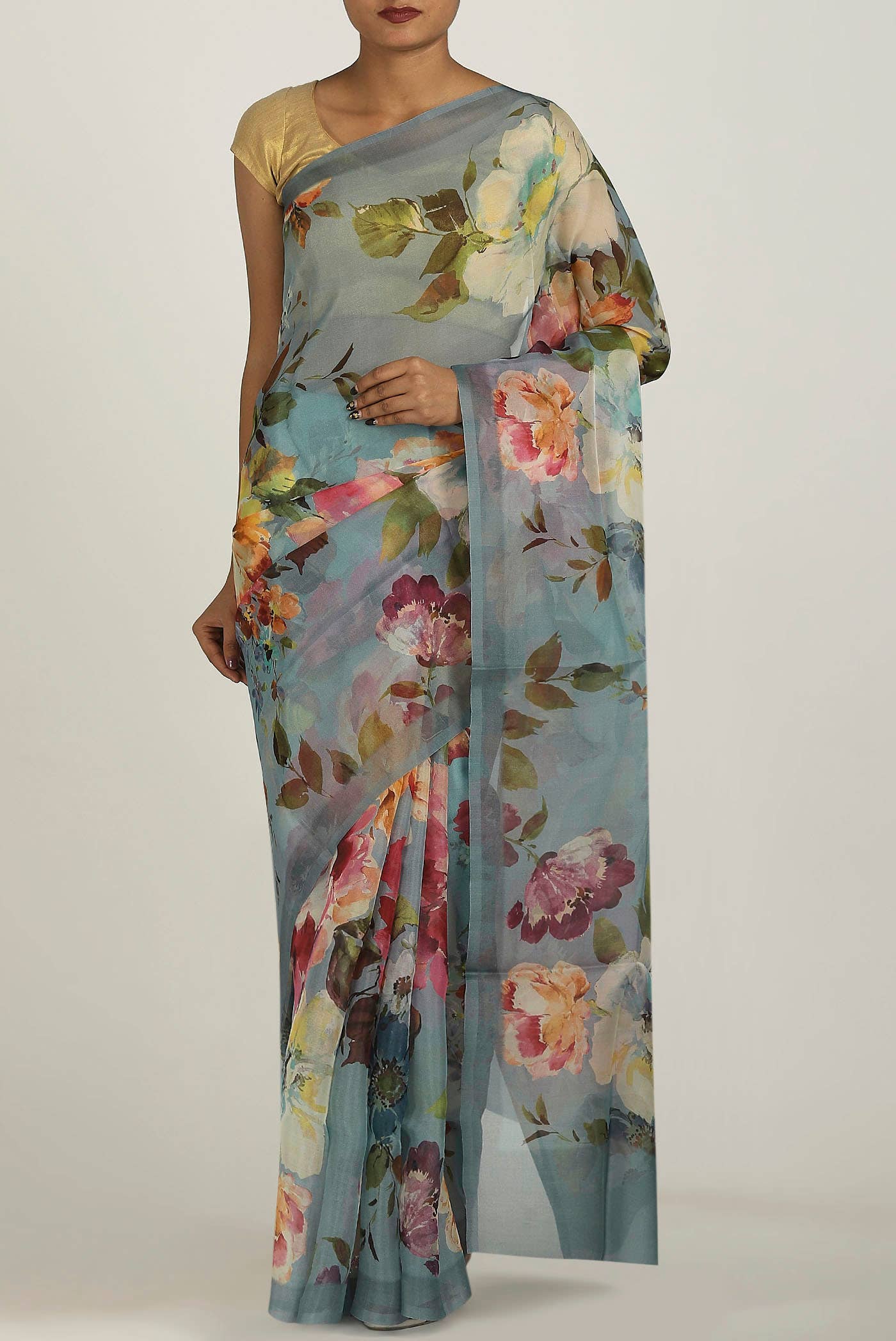 Blue Grey Organza Silk Saree