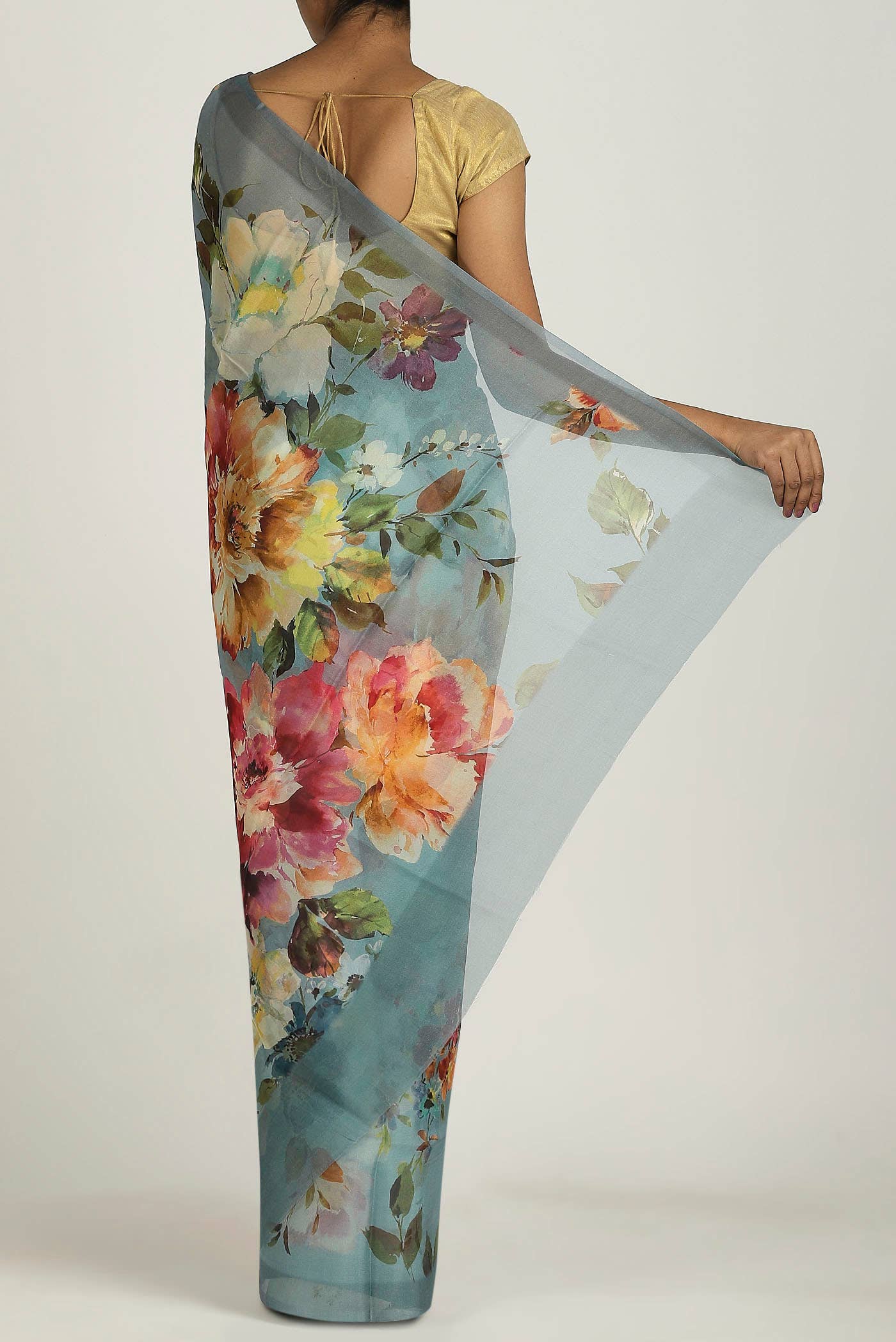 Blue Grey Organza Silk Saree