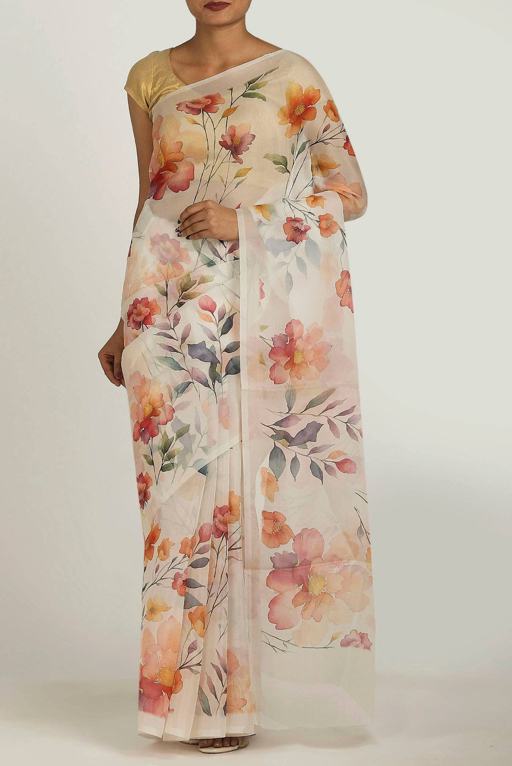 Cream Organza Silk Saree