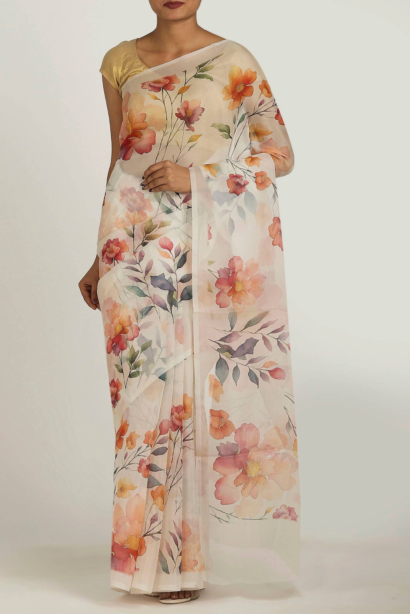 Cream Organza Silk Saree