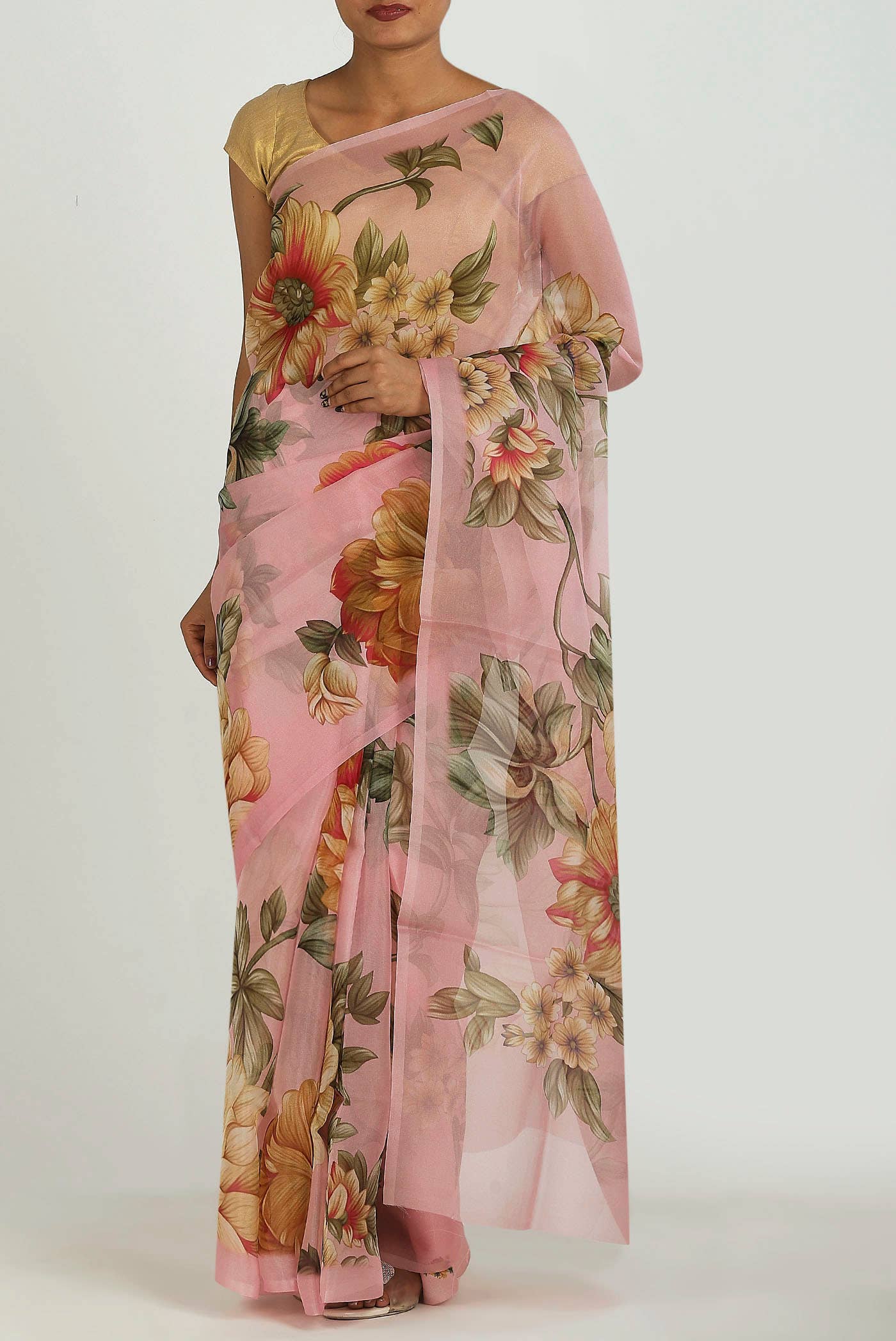 Coral Organza Silk Saree