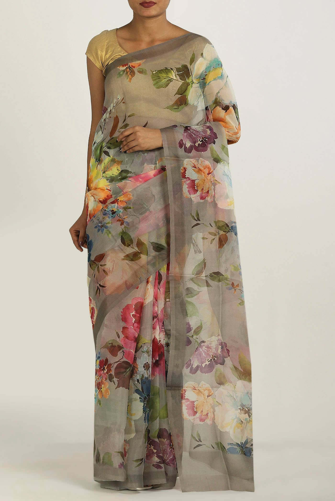 Grey Organza Silk Saree