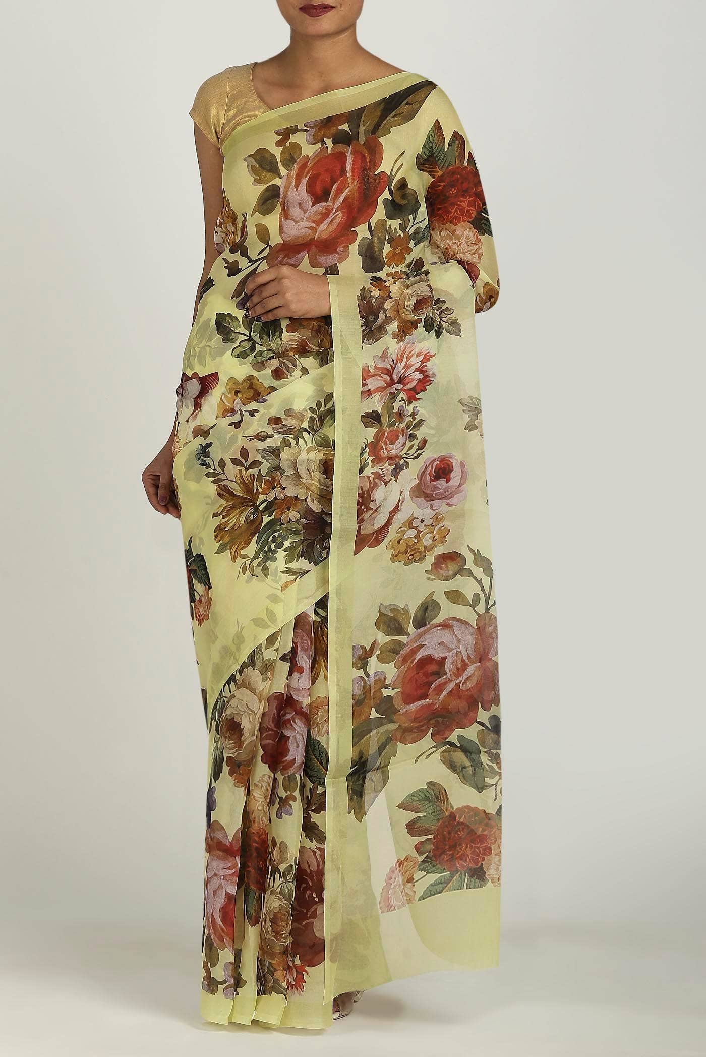 Lemon Yellow Organza Silk Saree
