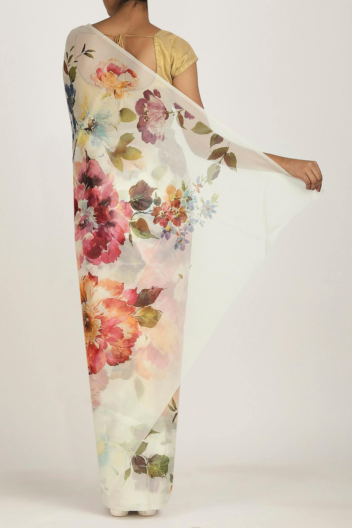 Cream Organza Silk Saree