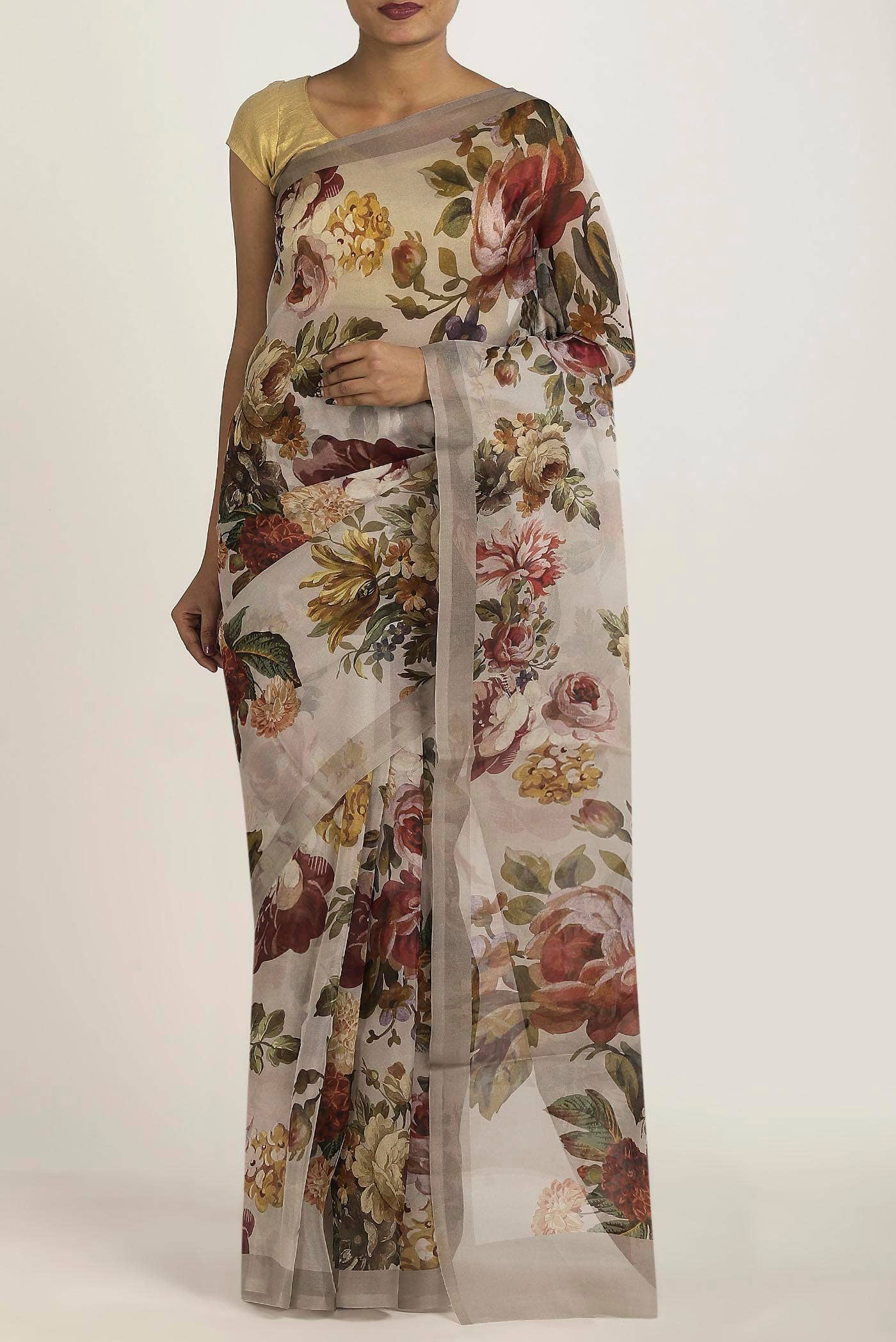 Grey Organza Silk Saree