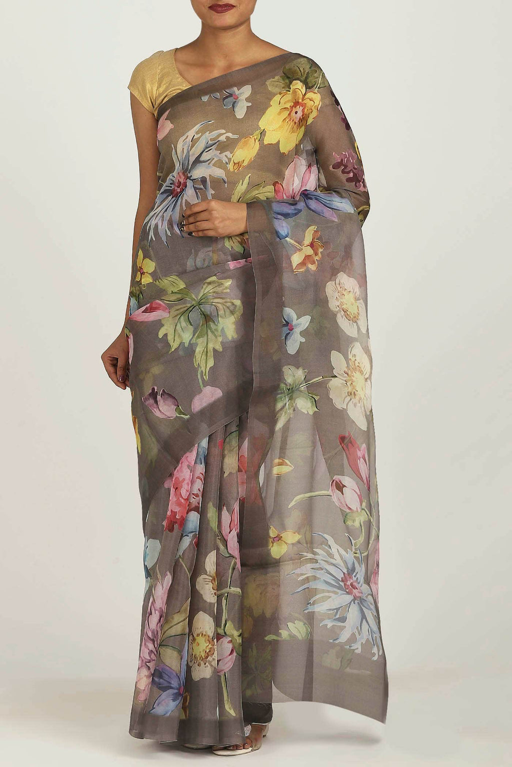 Grey Organza Silk Saree