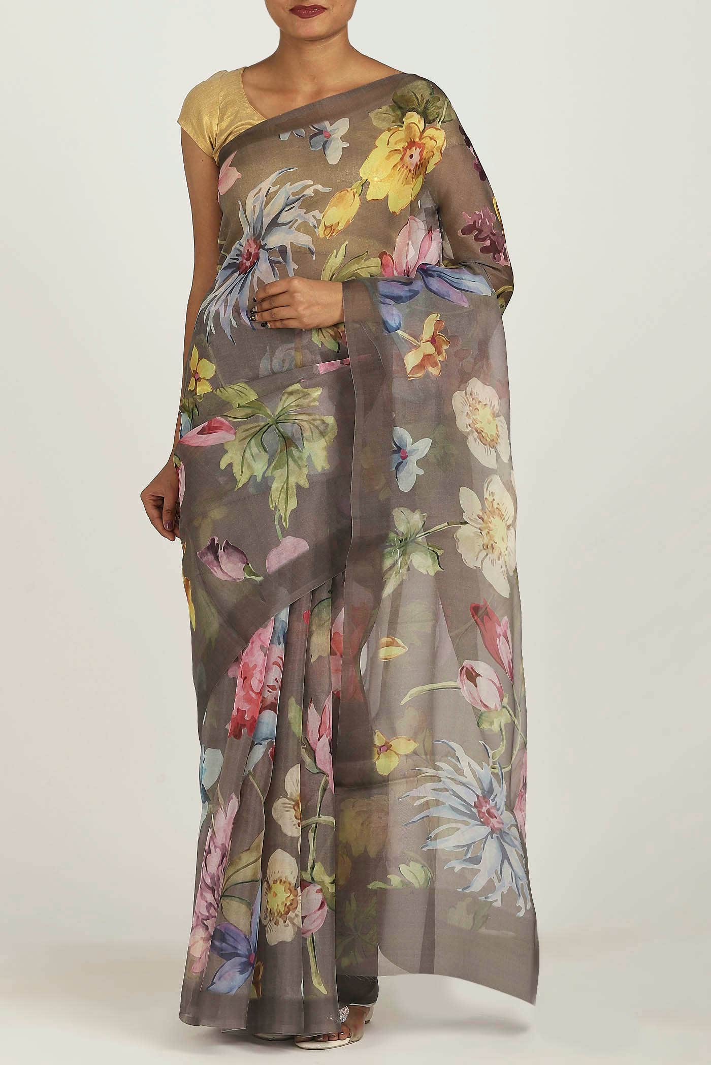 Grey Organza Silk Saree