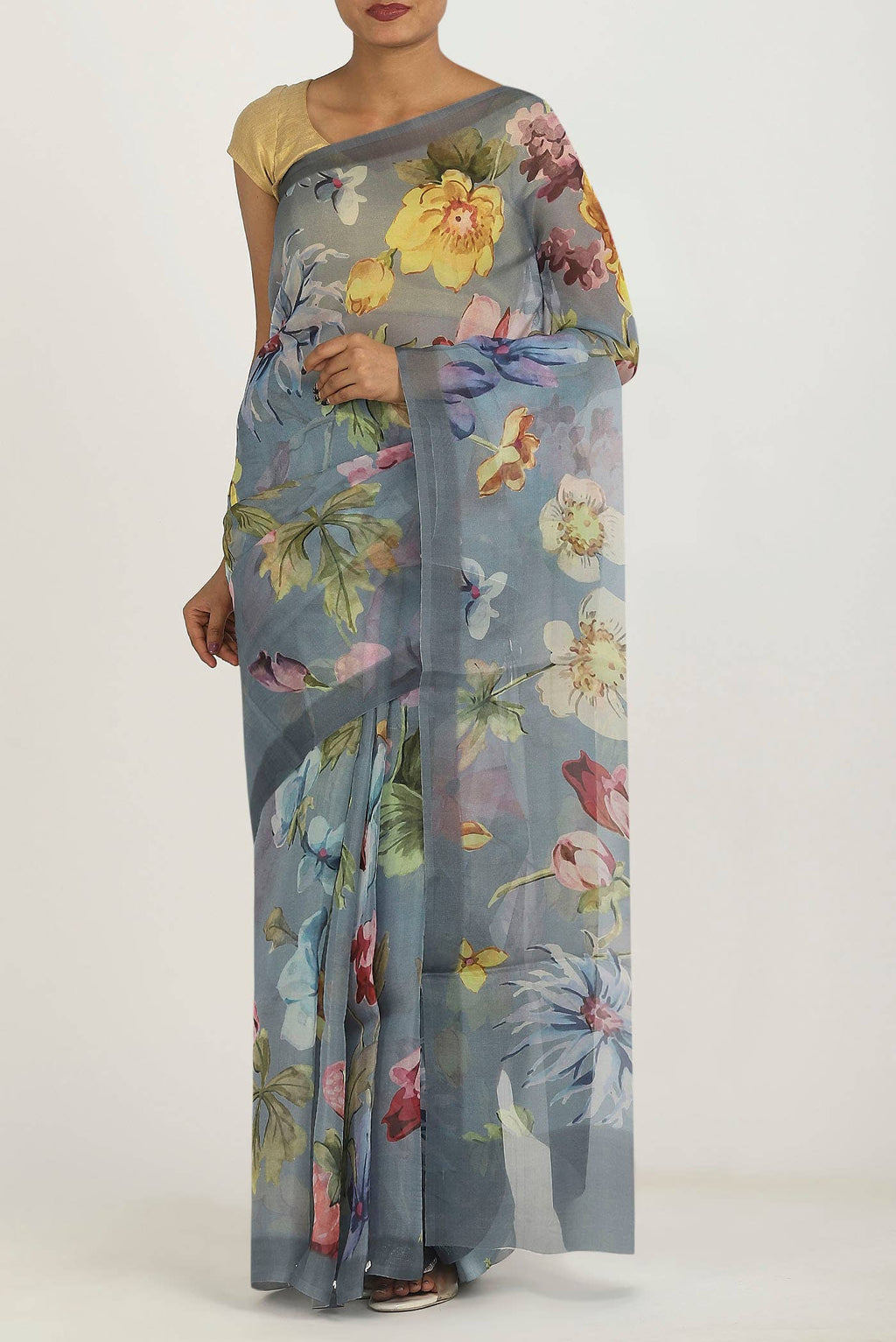 Blue Grey Organza Silk Saree