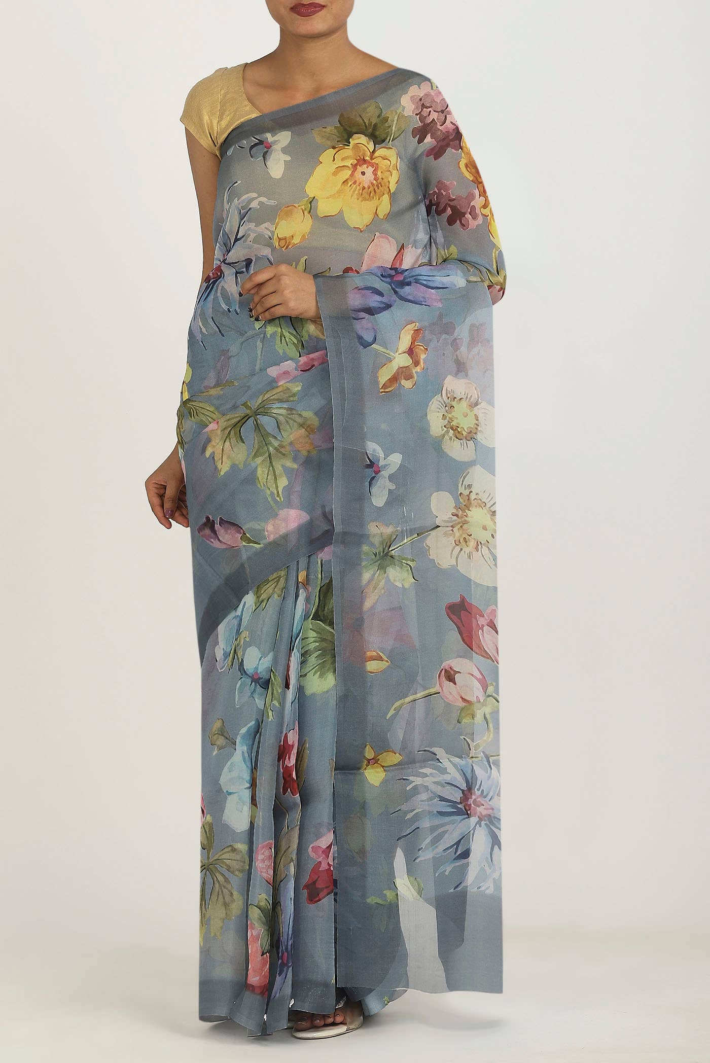 Blue Grey Organza Silk Saree