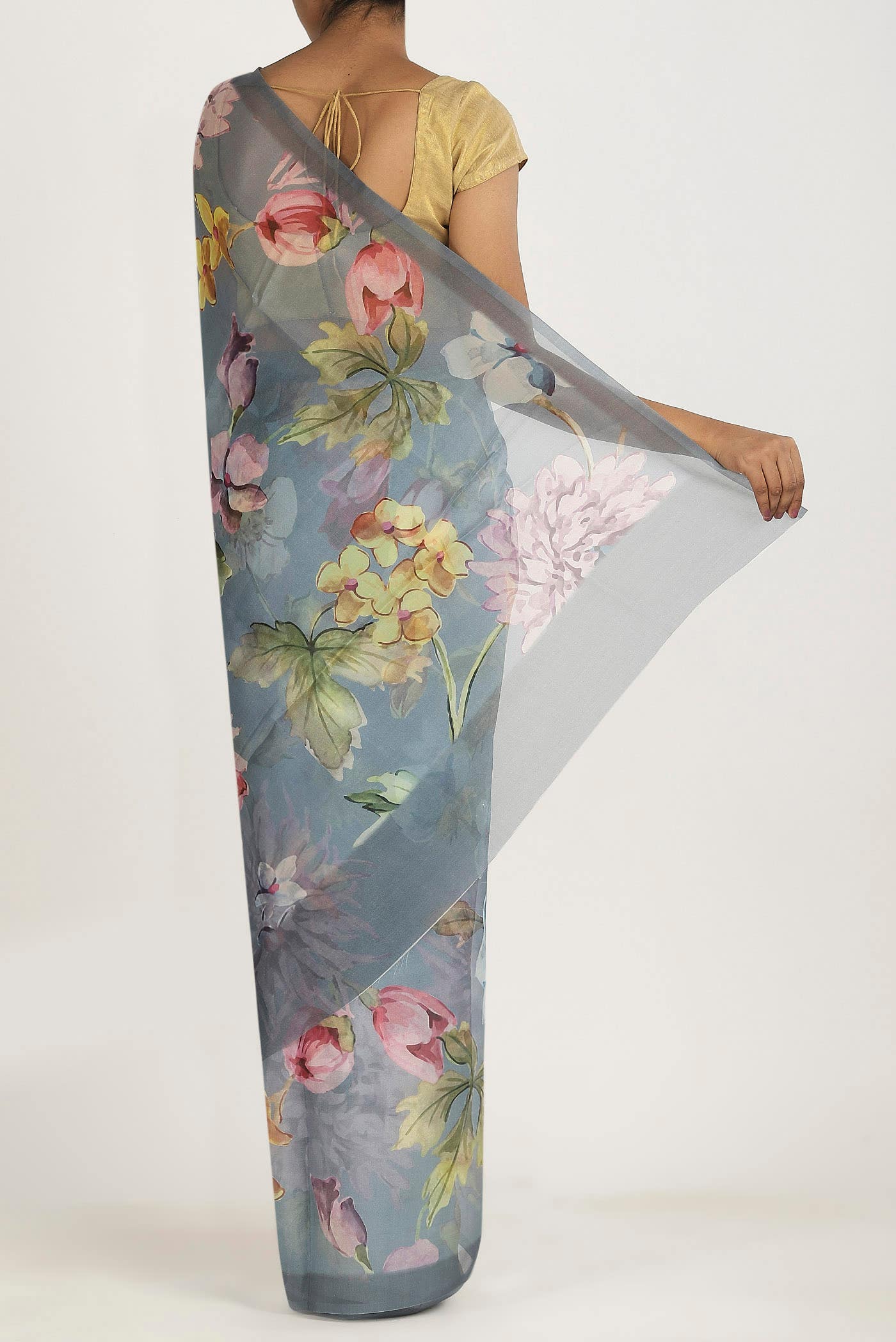 Blue Grey Organza Silk Saree
