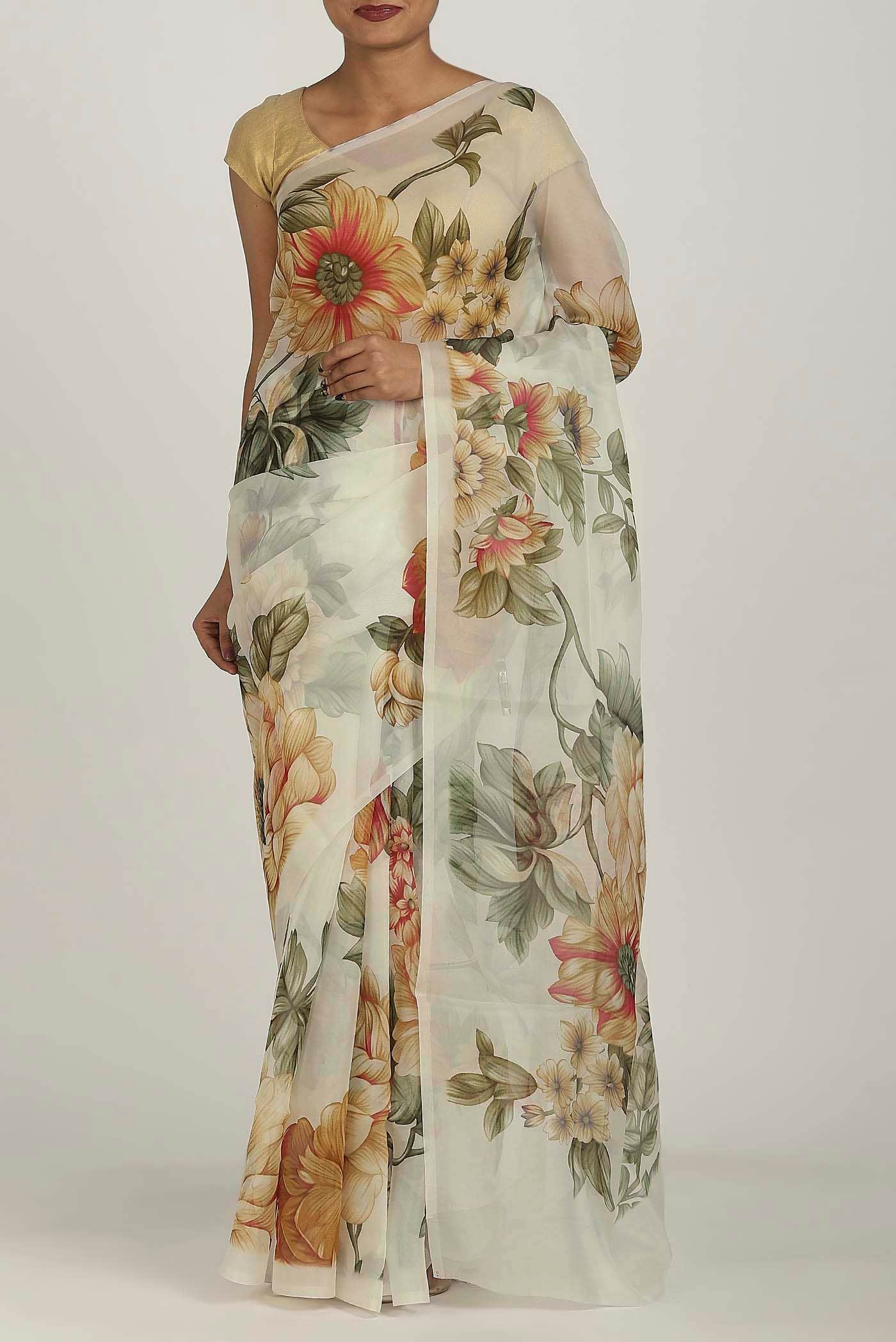 Cream Organza Silk Saree