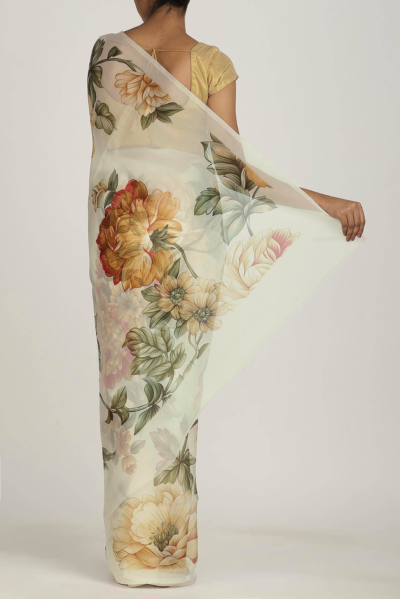 Cream Organza Silk Saree