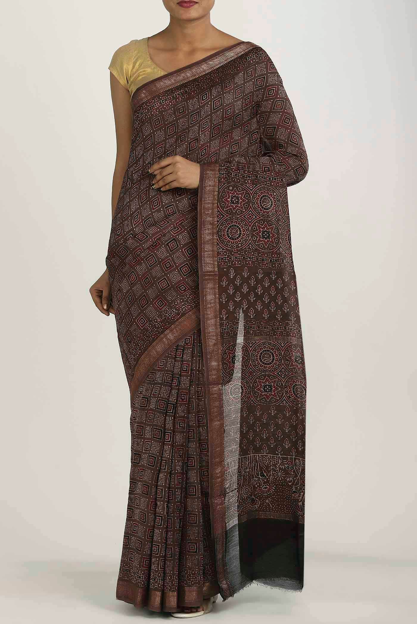 Brown Maheshwari Silk Cotton Saree