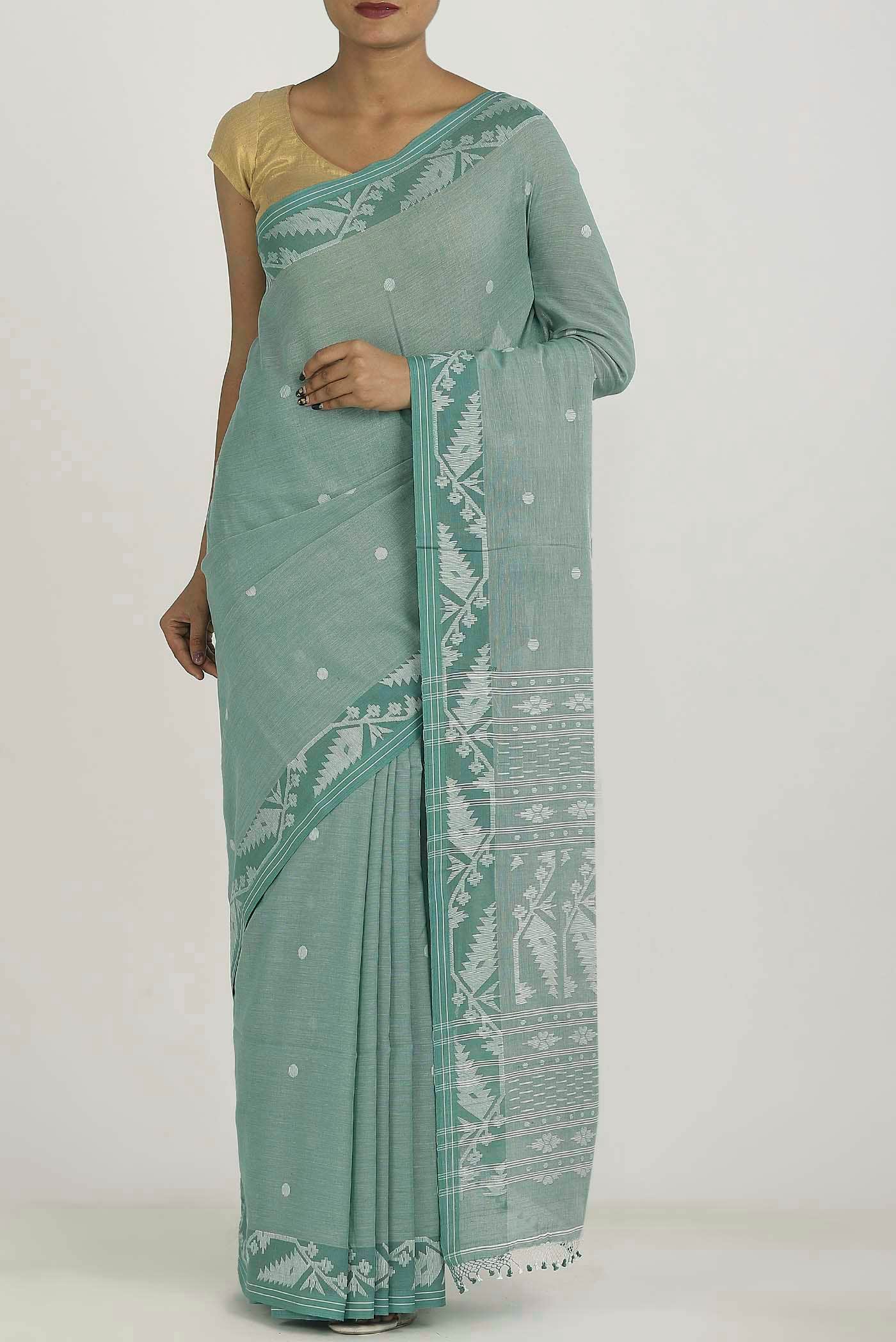 Green Jute Cotton Saree