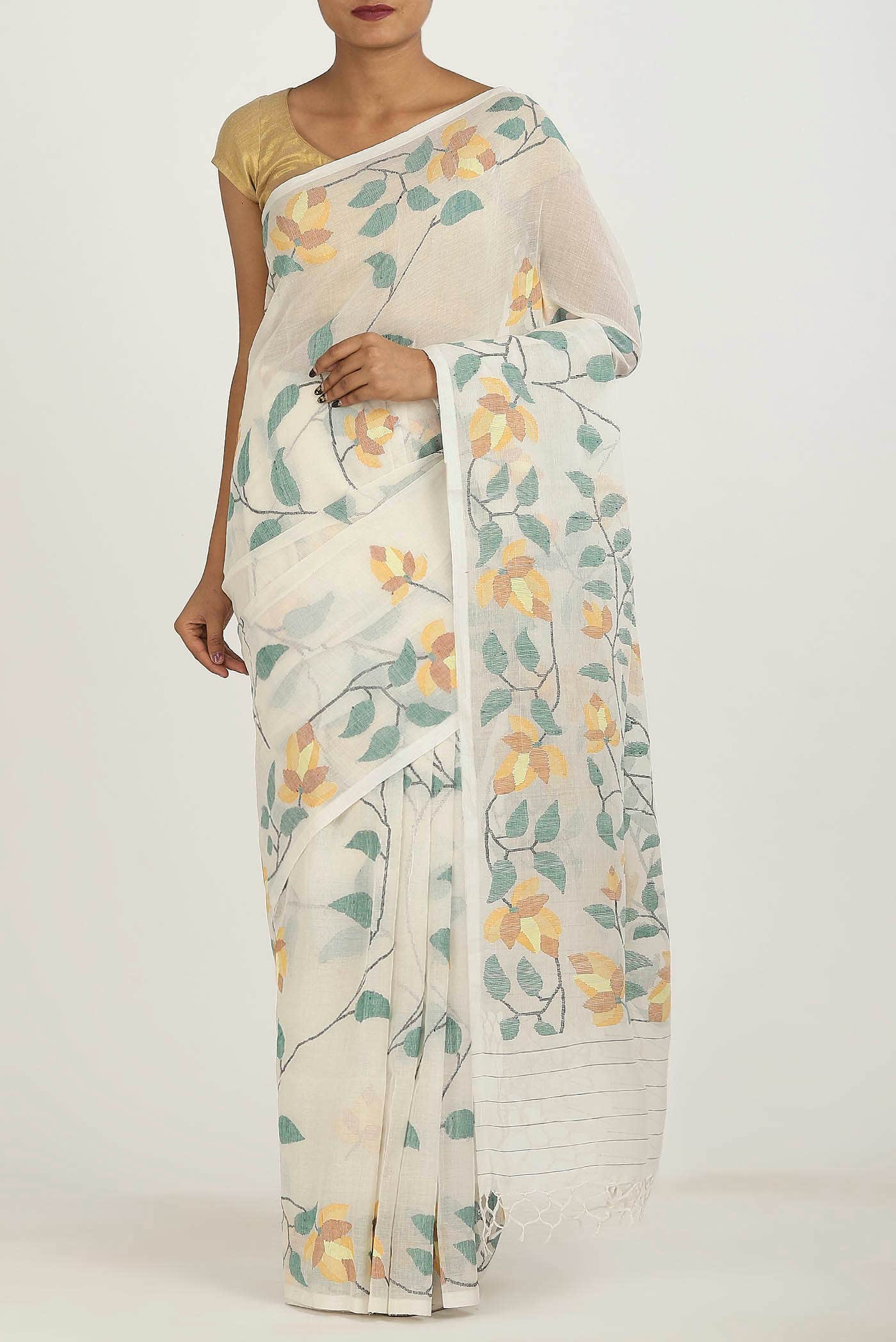 Cream Jute Cotton Saree