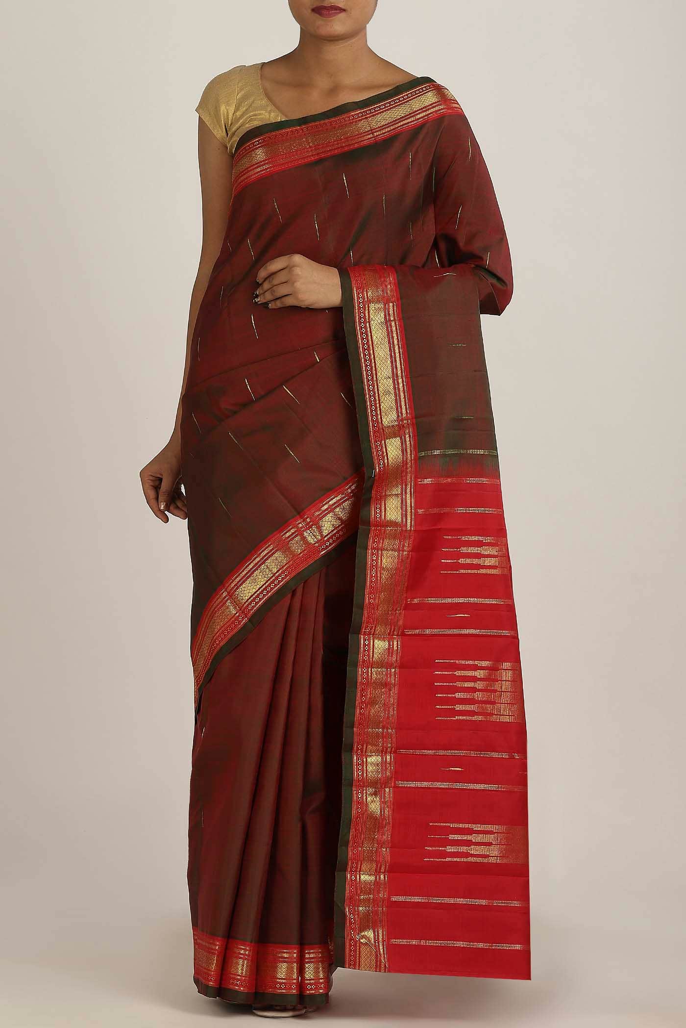 Pure Silk Pure Zari Green with Red Dual Tone Kanchipuram Saree