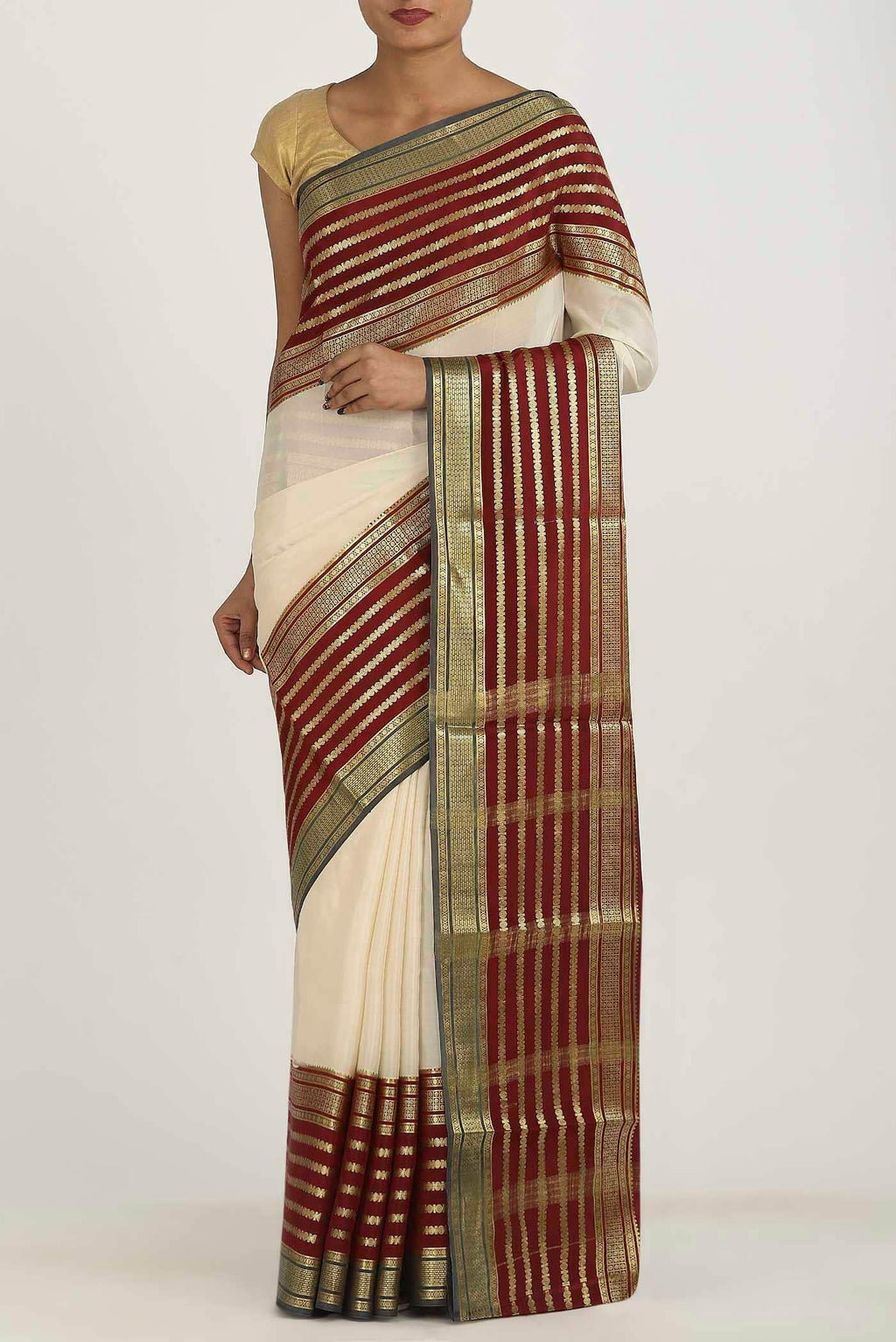 Cream Mysore Crepe Saree