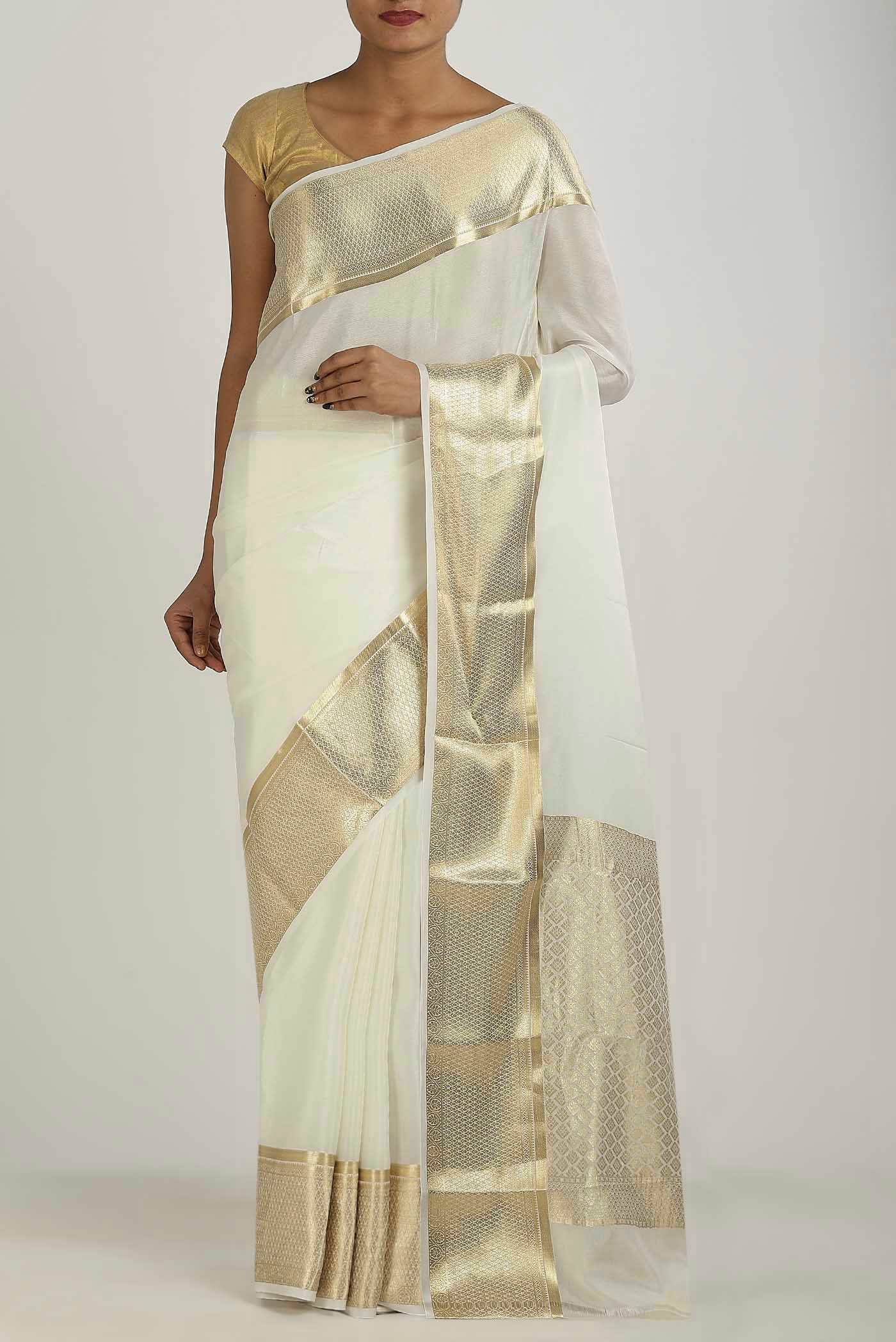 Cream Mysore Crepe Saree
