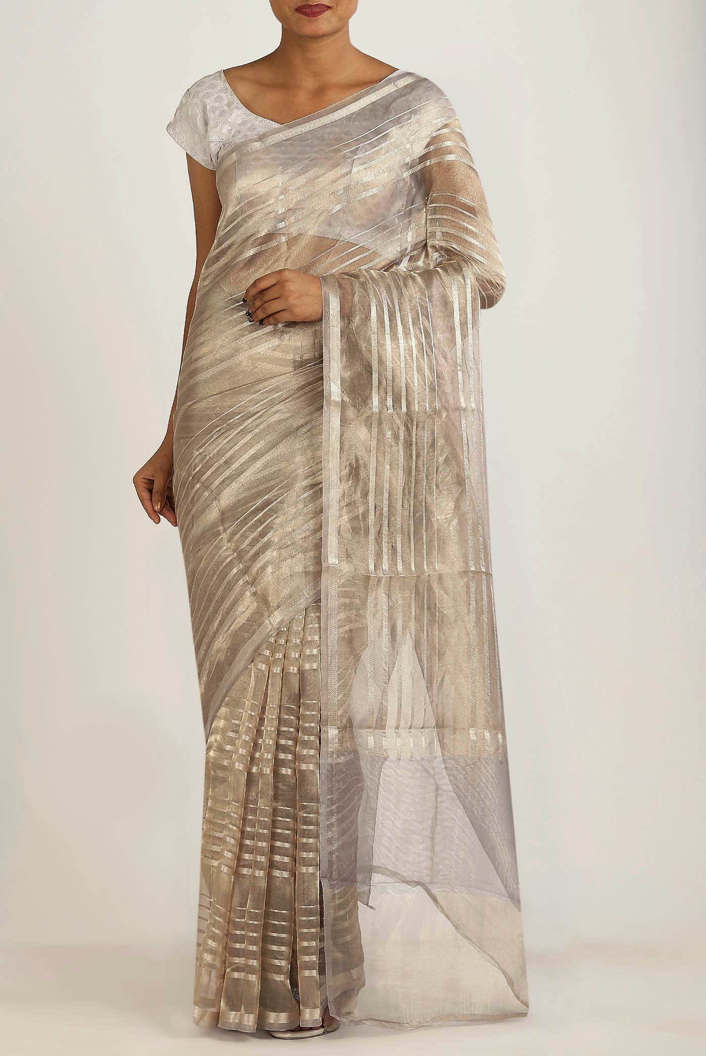 Beige Organza Silk Saree