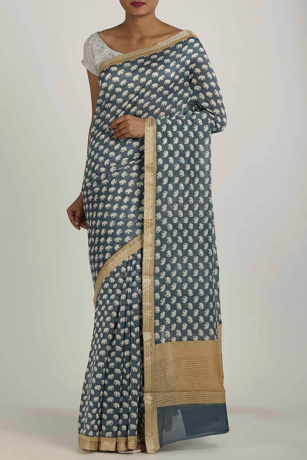 Blue Grey Chanderi Silk Cotton Saree