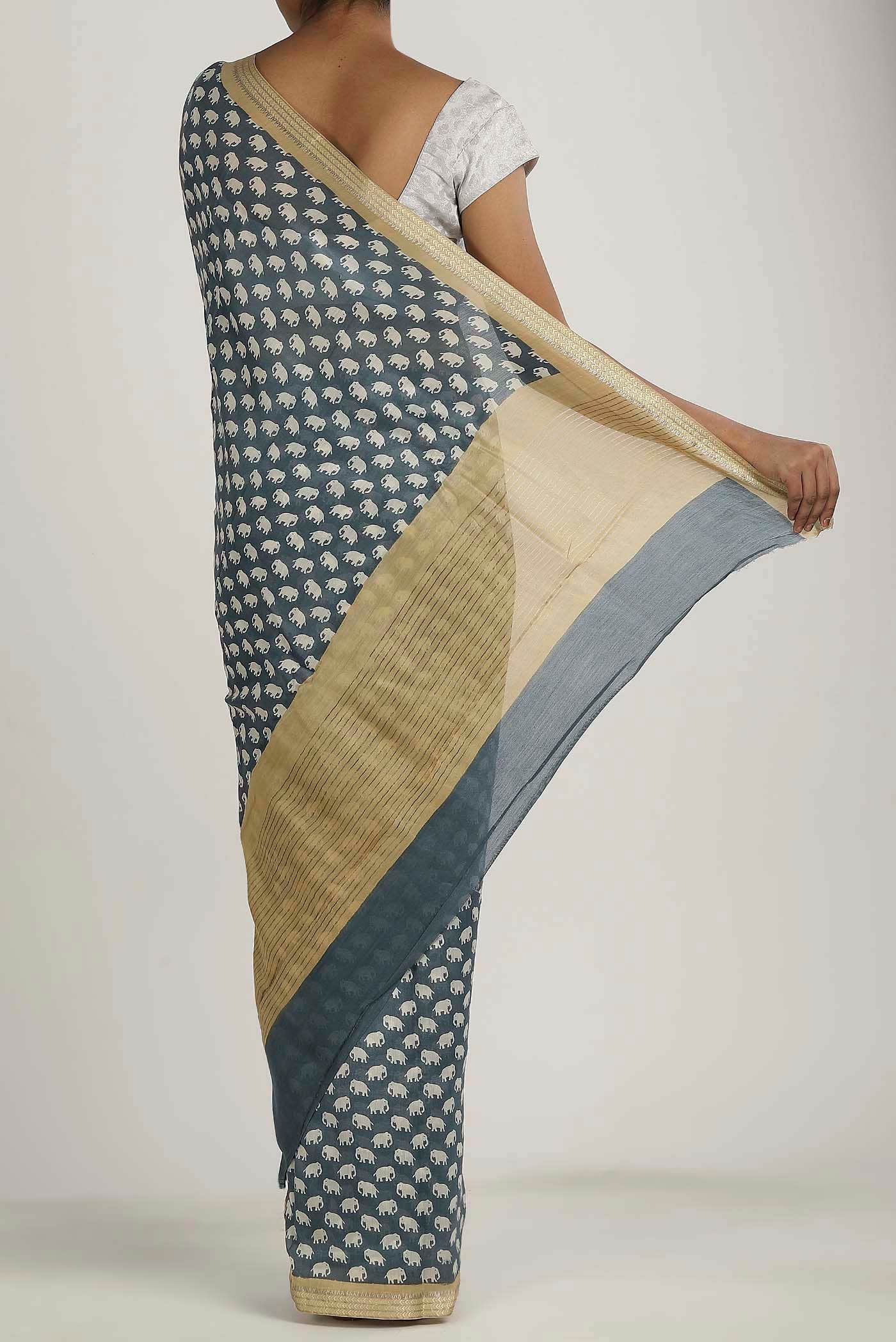 Blue Grey Chanderi Silk Cotton Saree
